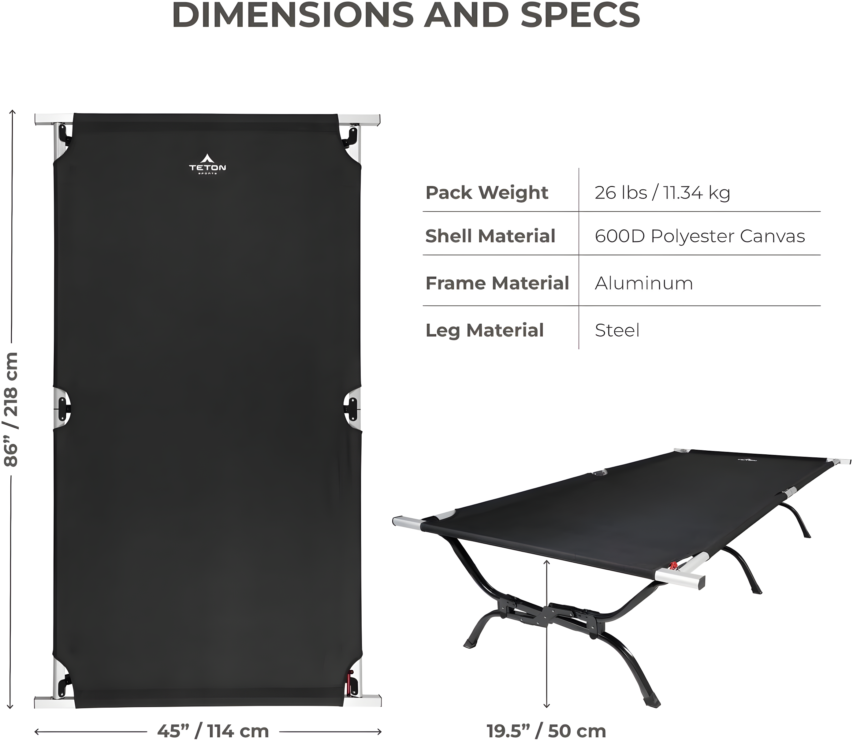 TETON Sports Outfitter XXL Camping Cot, Portable, Folding Camp Cot Holds Up to 600 lbs