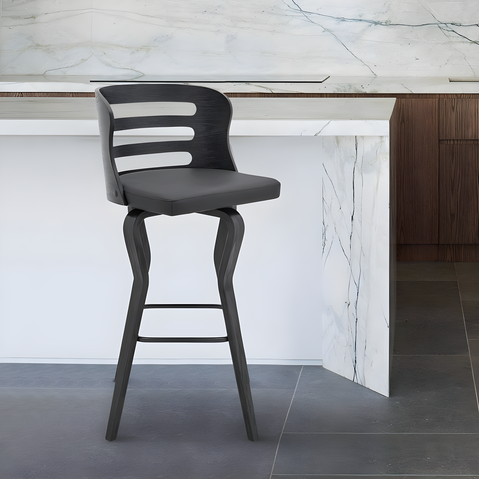 26" Verne Counter Height Barstool with Faux Leather and Wood Finish Black/Gray - Armen Living: Swivel, Indoor Use