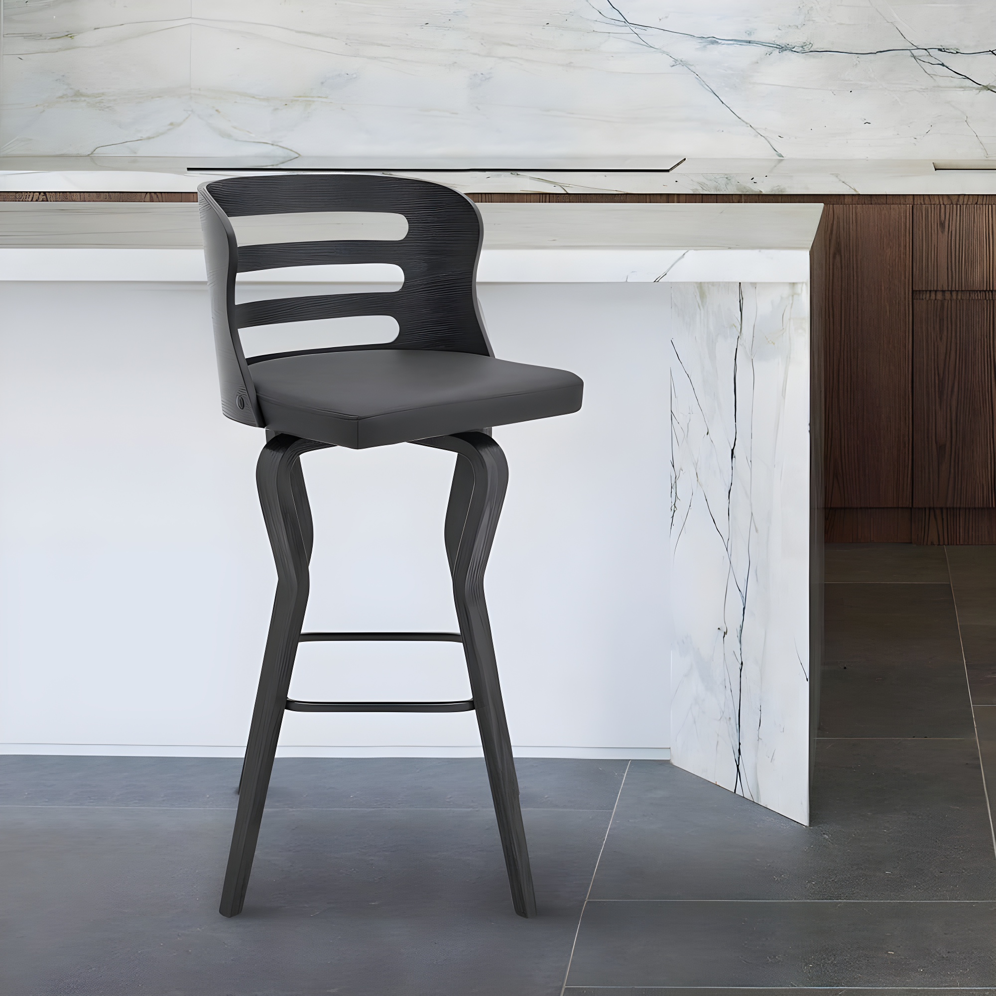 26" Verne Counter Height Barstool with Faux Leather and Wood Finish Black/Gray - Armen Living: Swivel, Indoor Use