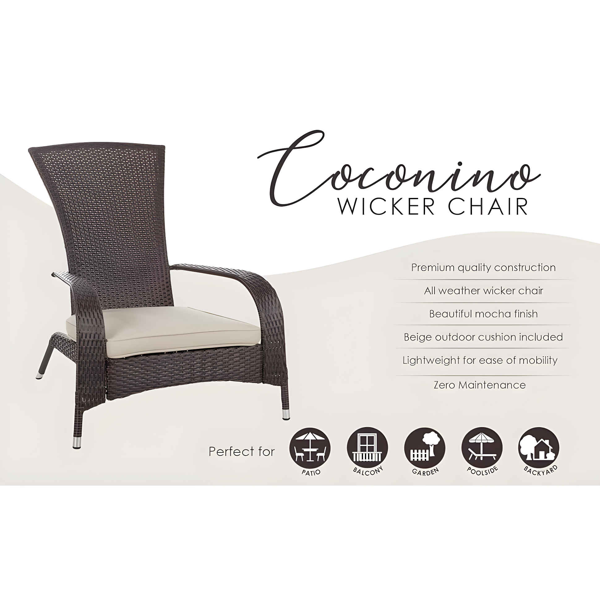 PatioSense Duplex Patio Sense Coconino Wicker Conversation Set, Durable Adirondack Style Chairs Includes Khaki Cushions - Mocha
