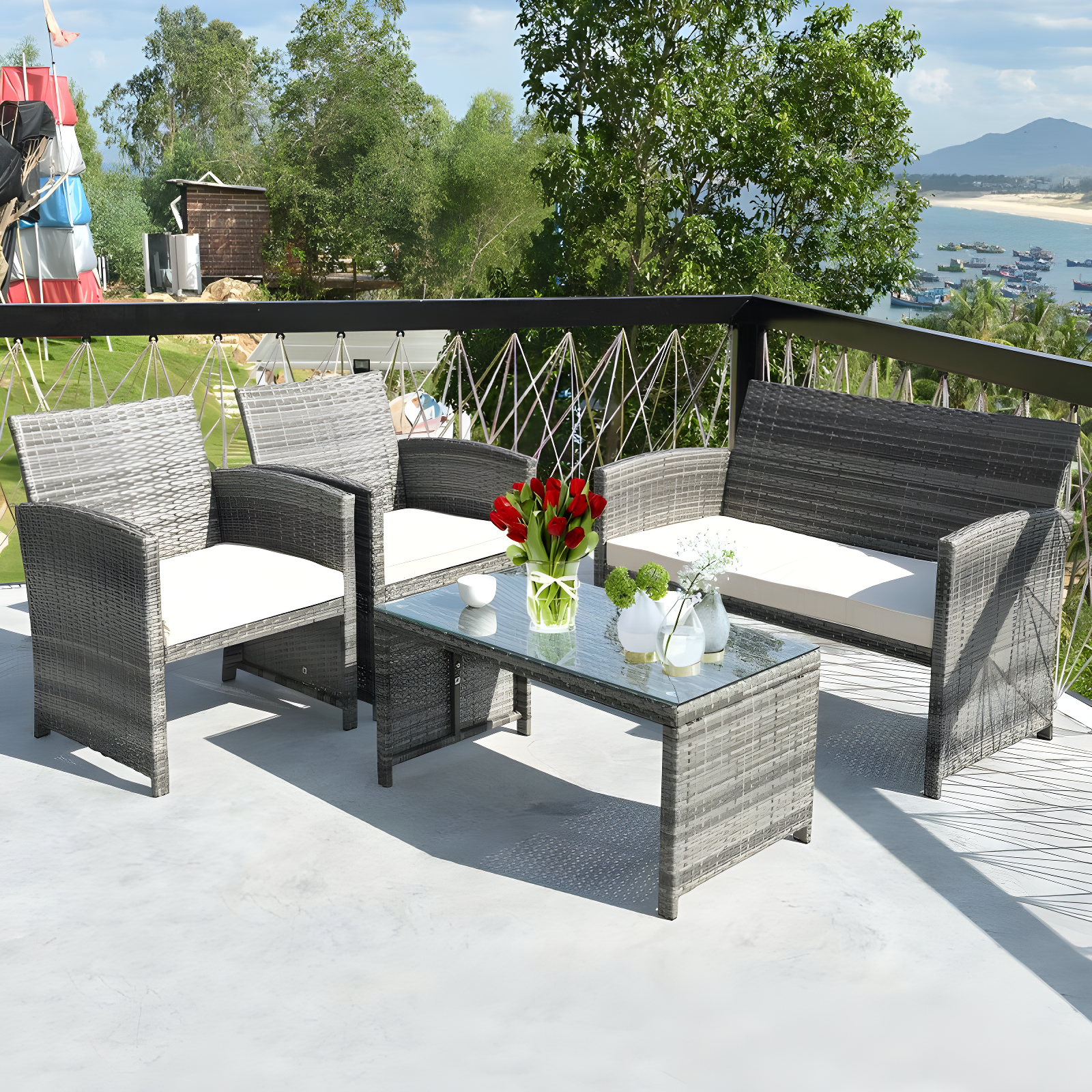Costway 4PCS Rattan Patio Furniture Set Garden Lawn Sofa Cushioned Seat Mix Gray Wicker