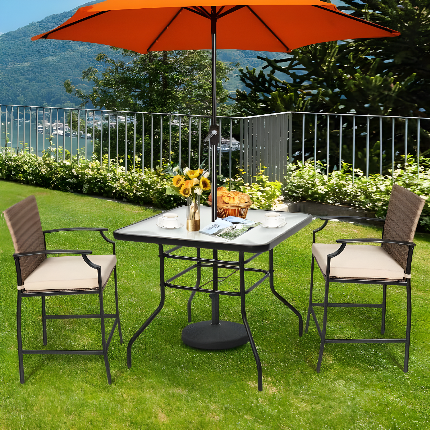 Lark Manor™ Aliyahna 32'' Patio Square Table Tempered Glass Steel Frame Outdoor Pool Yard Garden