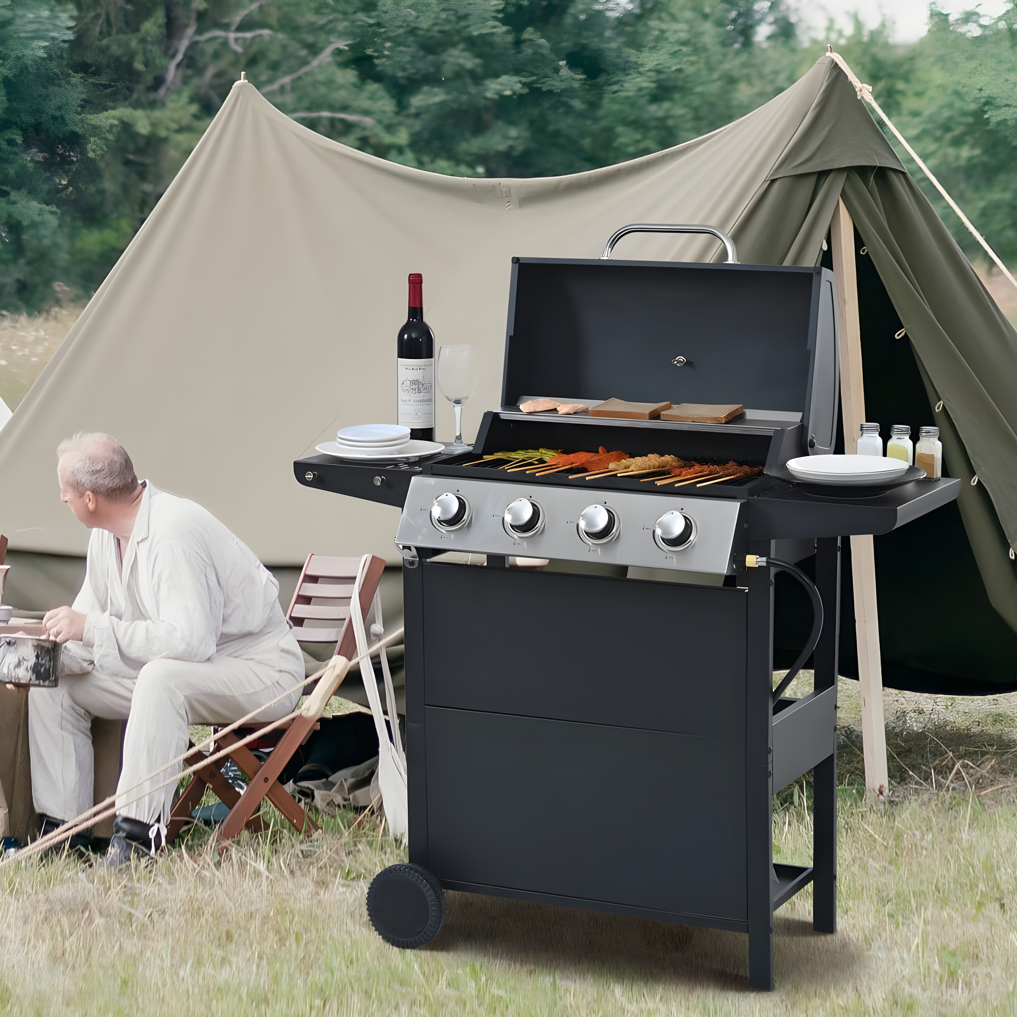 BBQ Grill, 4Bur nerBbq Propane Gas Grill, Propane Grill Built-In Stainless Steel Thermometer, 34200 Btu Output for Outdoor Cooking Kitchen and Patio Backyard Barbecue, Stainless Steel