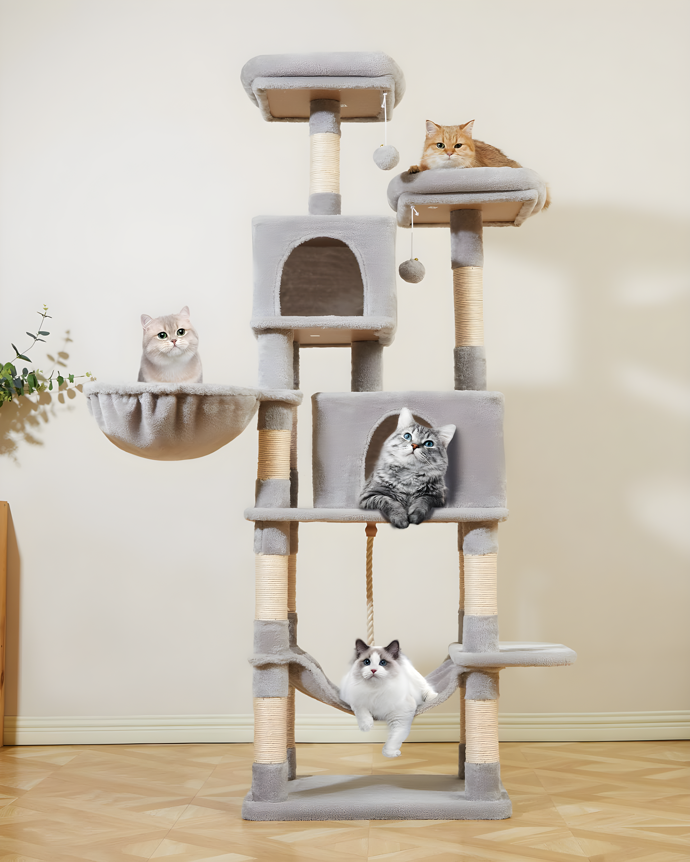 56.3'' Cat Tree Tower for Indoor Cats ,Multi-Level Cat Condo Cat Furniture with Scratching Posts, Perches, Hammock, Cave ,Light Gray