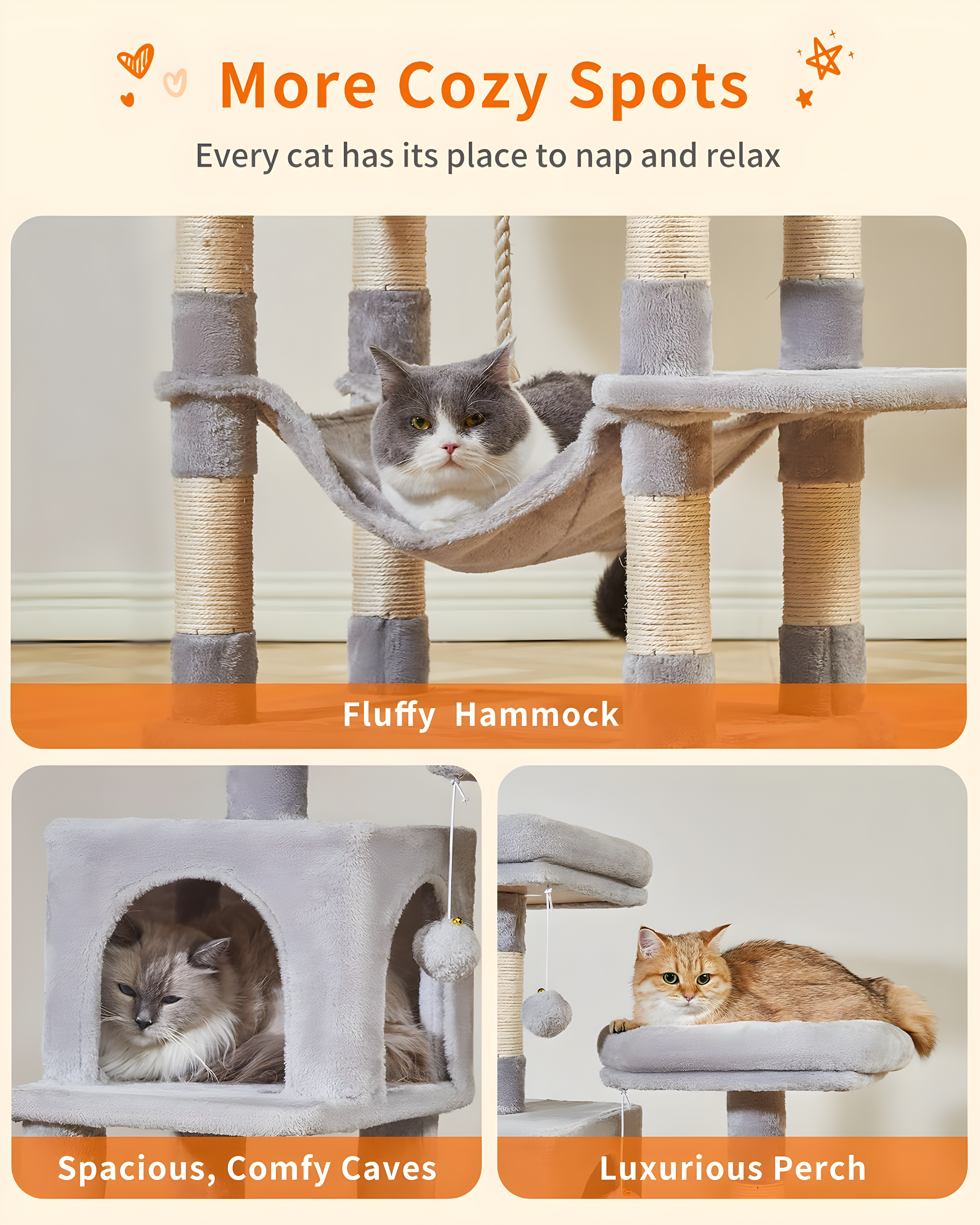 56.3'' Cat Tree Tower for Indoor Cats ,Multi-Level Cat Condo Cat Furniture with Scratching Posts, Perches, Hammock, Cave ,Light Gray