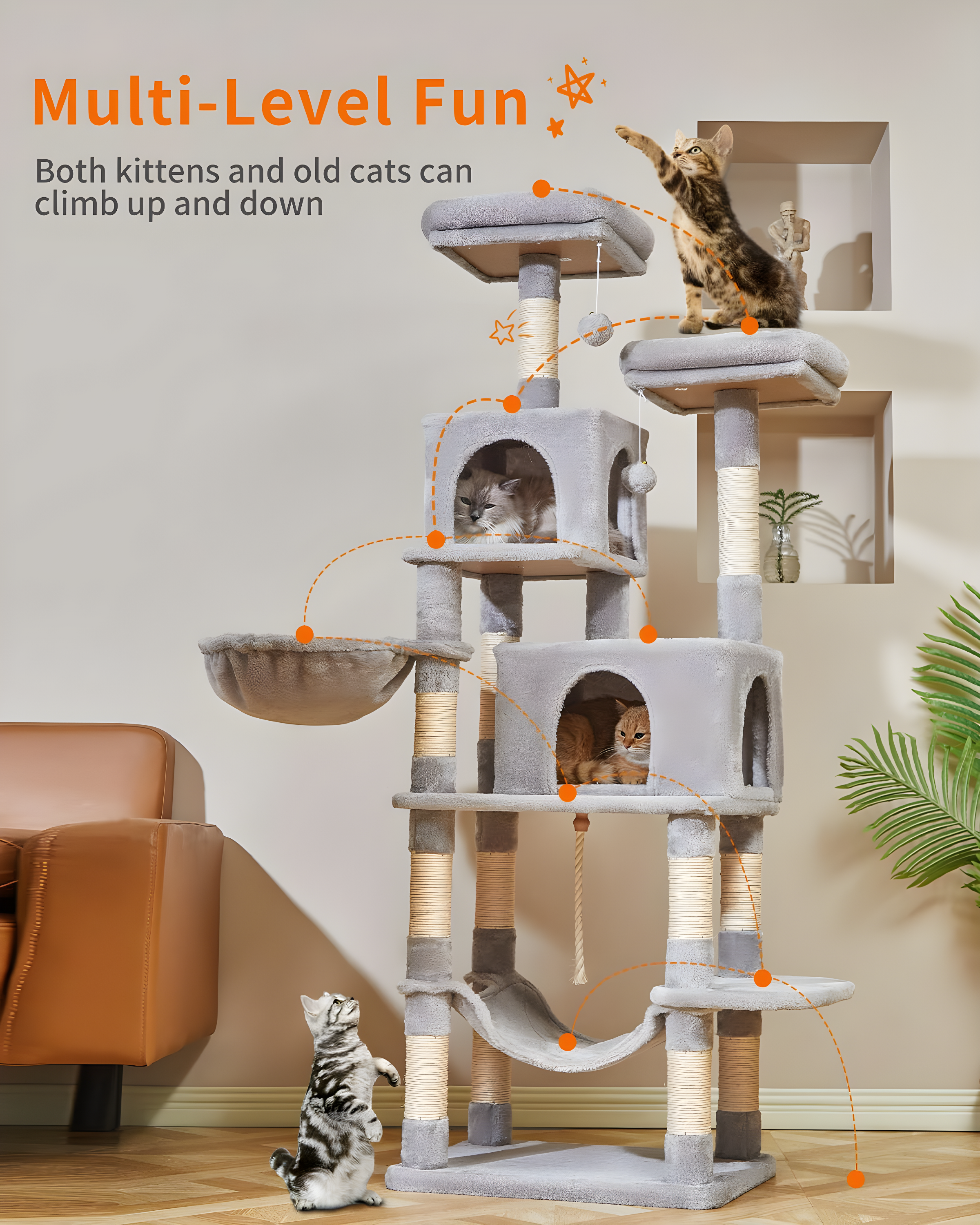 56.3'' Cat Tree Tower for Indoor Cats ,Multi-Level Cat Condo Cat Furniture with Scratching Posts, Perches, Hammock, Cave ,Light Gray