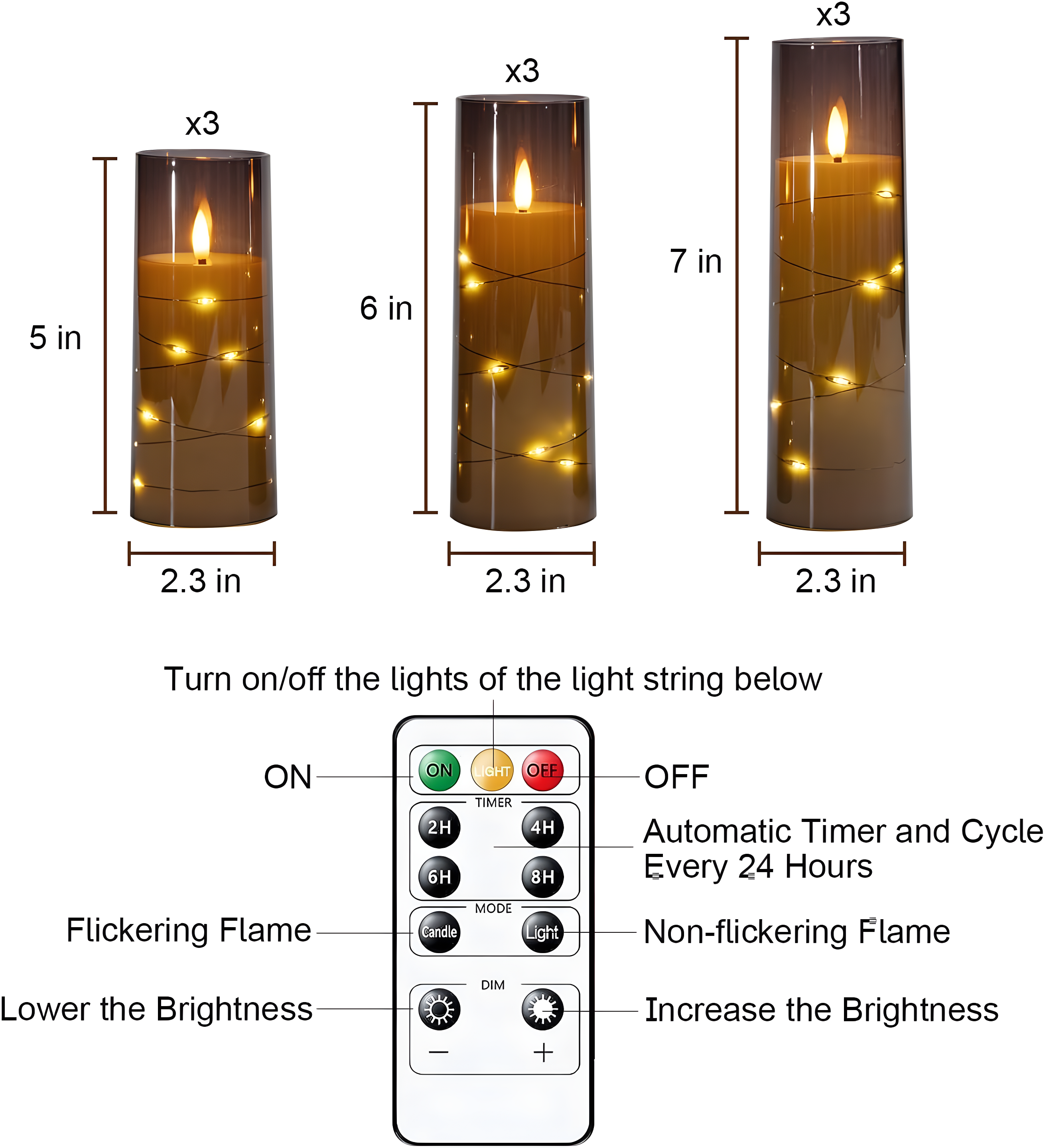 Raycare Flameless LED Candles with Embedded Star String, 9 Pcs Battery Operated Acrylic Pillar Candles with Timer and Remote, Flickering for Romantic Ambiance and Home Decoration (Grey)