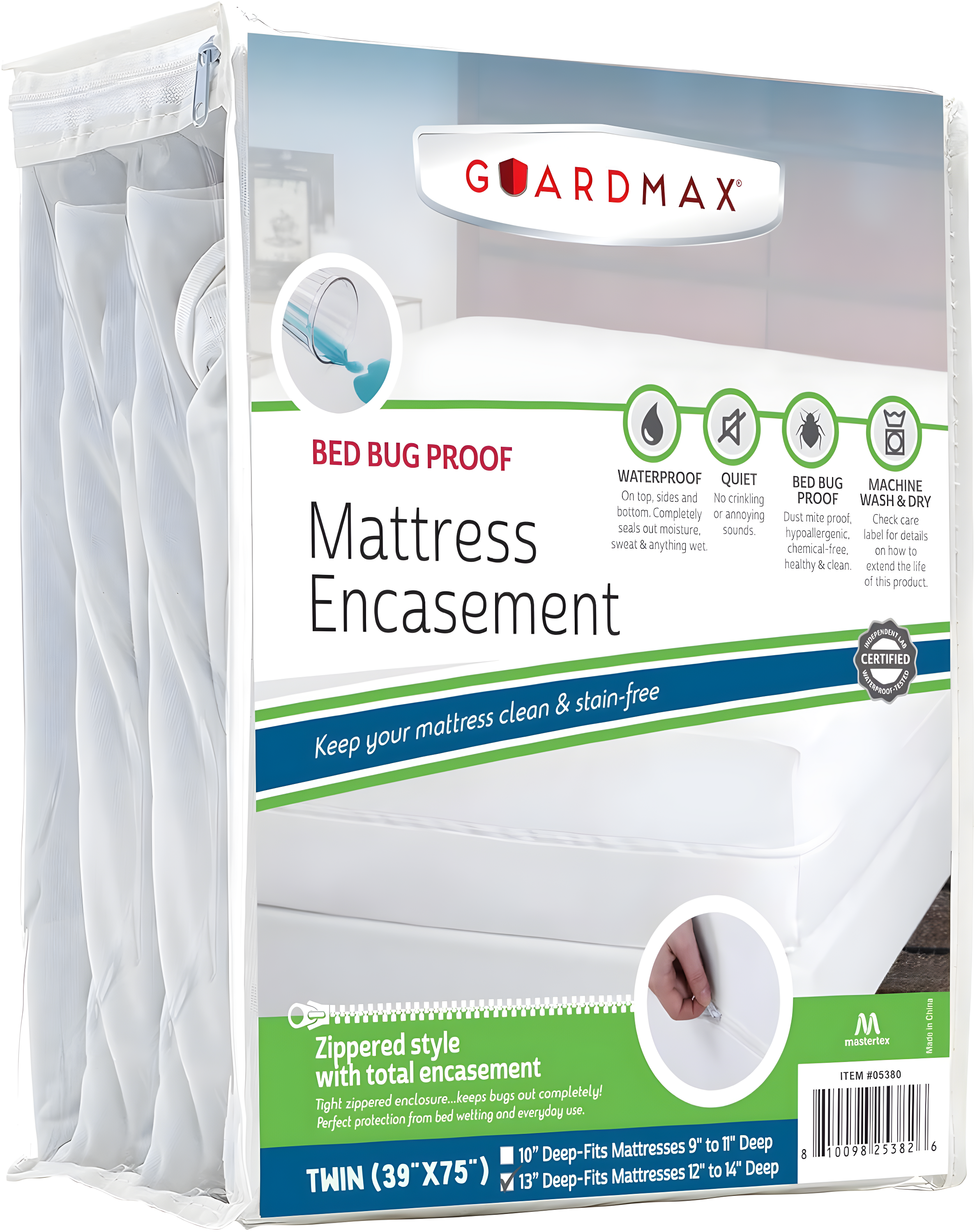 Guardmax Waterproof Twin Mattress Protector Encasement for Larger Mattressess with Zipper – White