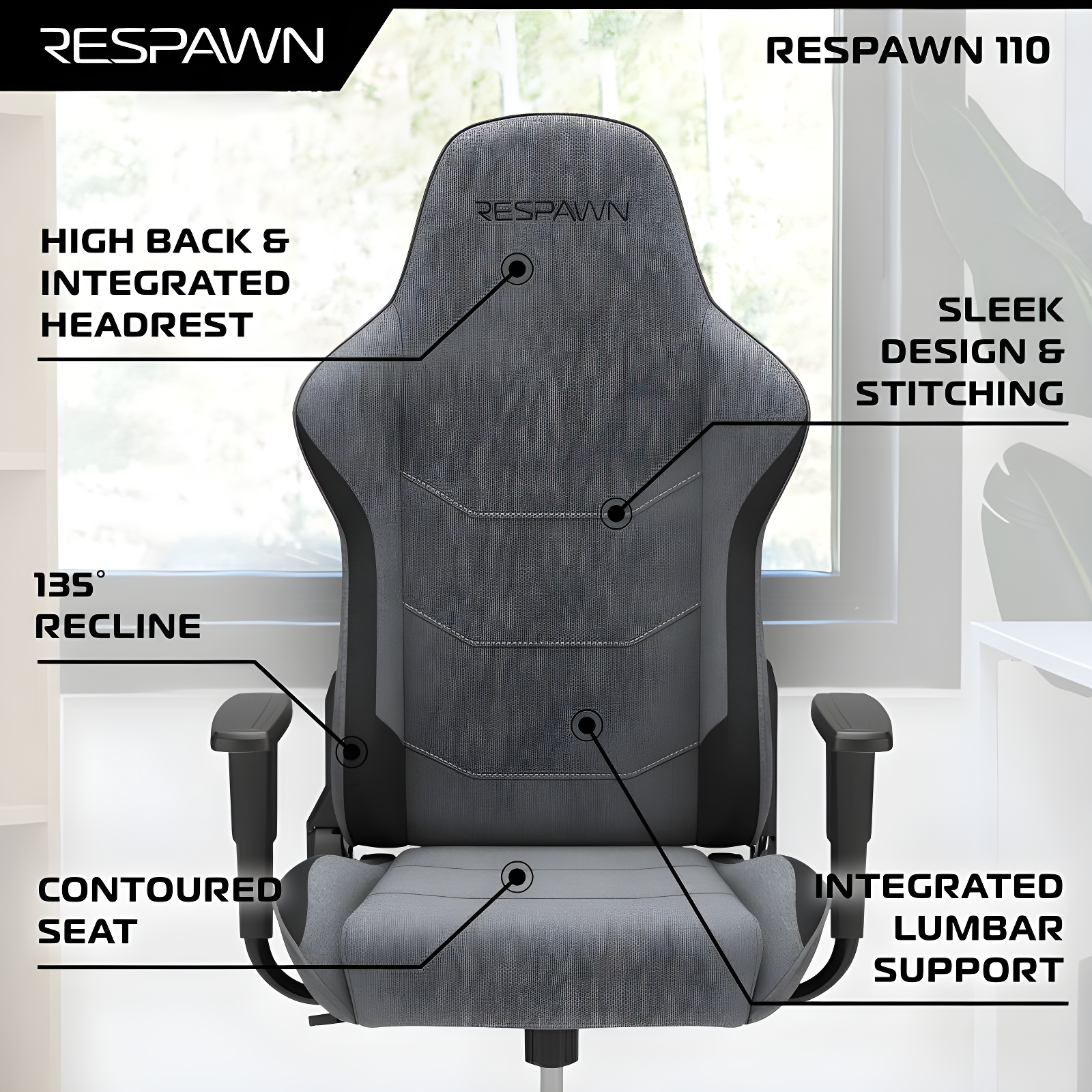 RESPAWN 110 Gaming Chair - Gamer Chair PC Computer Chair, Ergonomic Gaming Chairs, Office Chair with Integrated Headrest, Gaming Chair for Adults 135 Degree Recline with Angle Lock