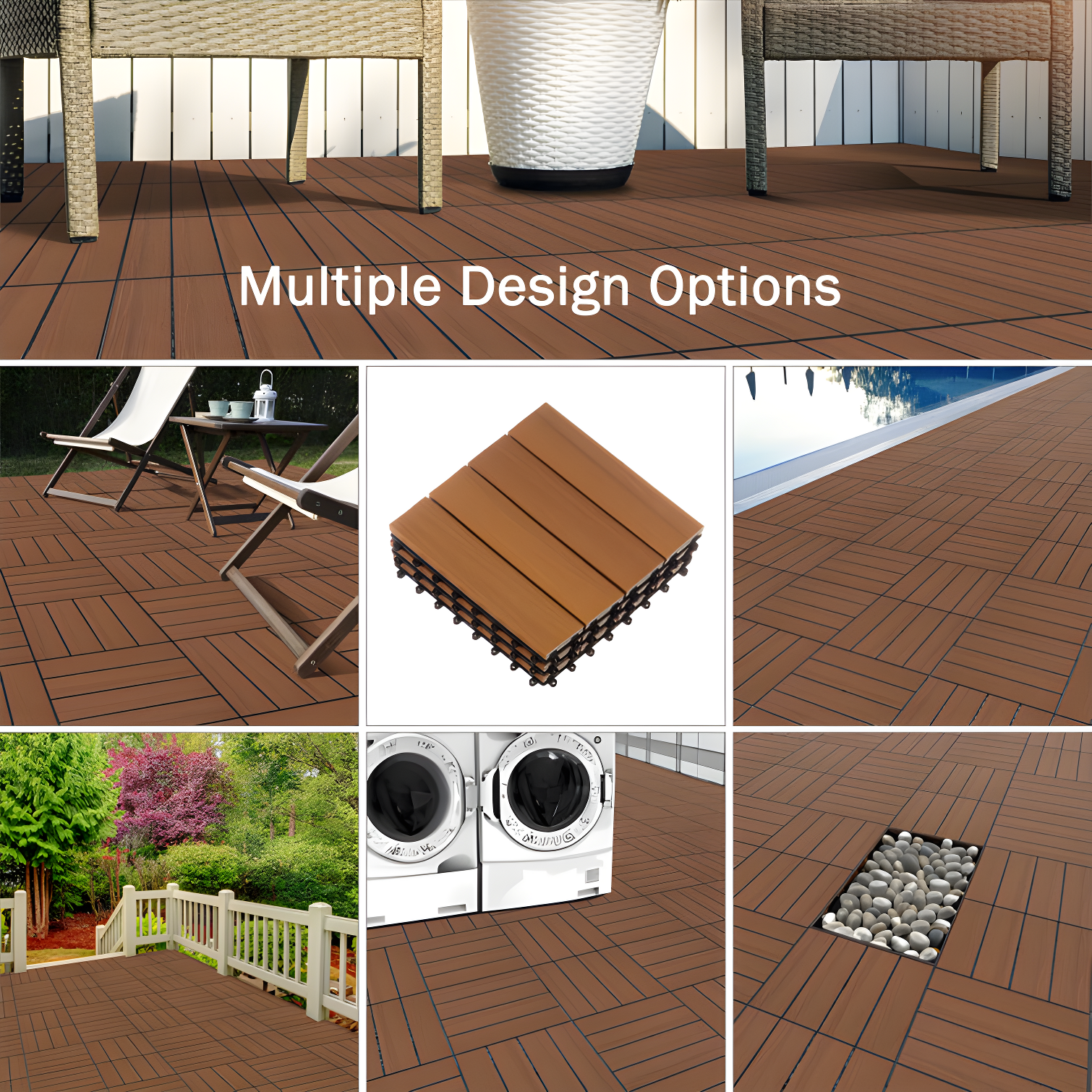 Deck Tiles - 6-Pack Wood Plastic Composite Interlocking Patio Tiles - 5.8SQFT Outdoor Flooring for Balcony, Porch, and Garage by Pure Garden