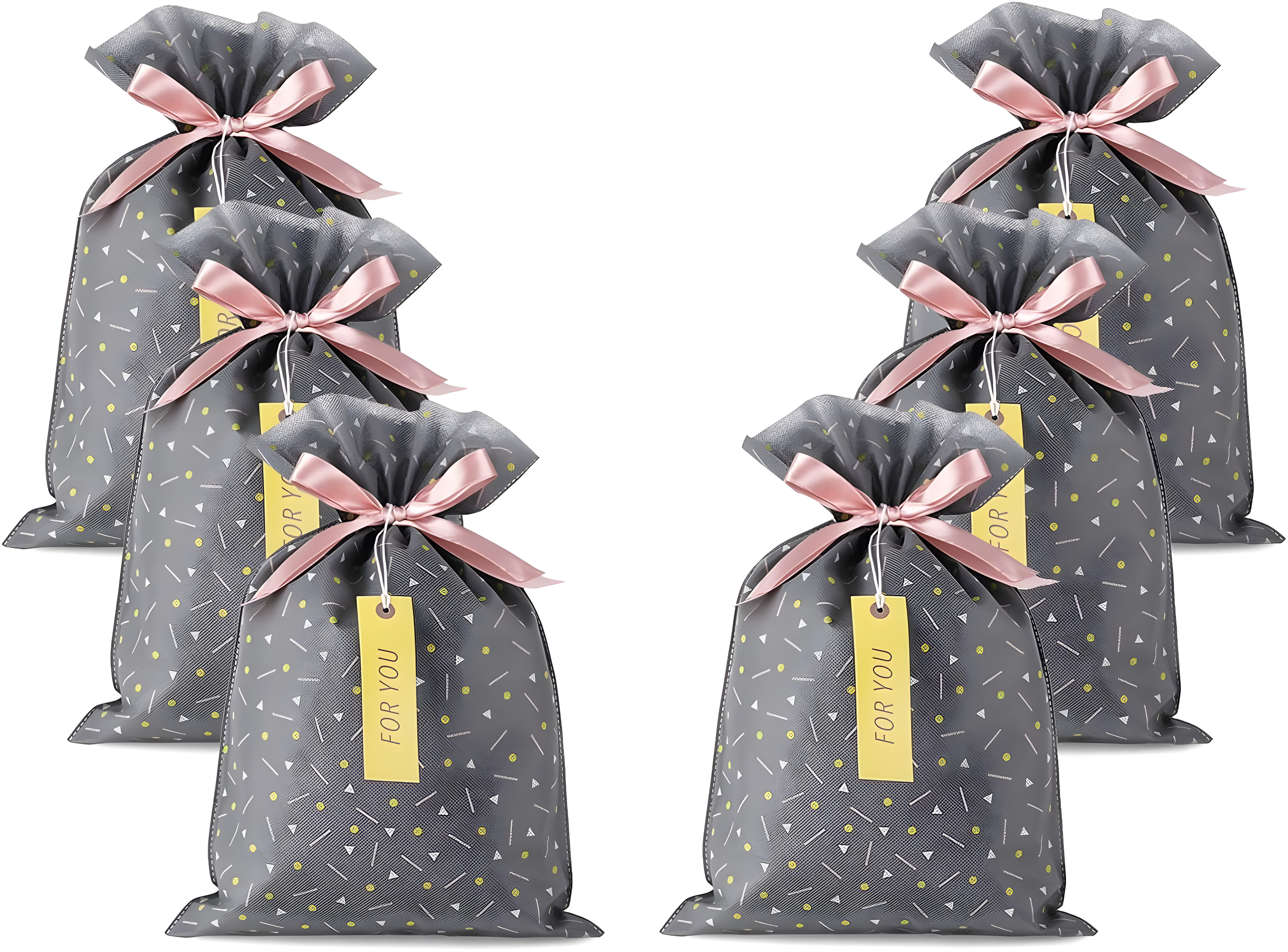 Yatinbos Fabric Gift Wrap Bags, Grey Reusable Cloth Gift Bags Sets of 6 with Drawstring and Tags for Christmas Holiday, Birthday, Wedding or Daily Gift, 12" x 18"