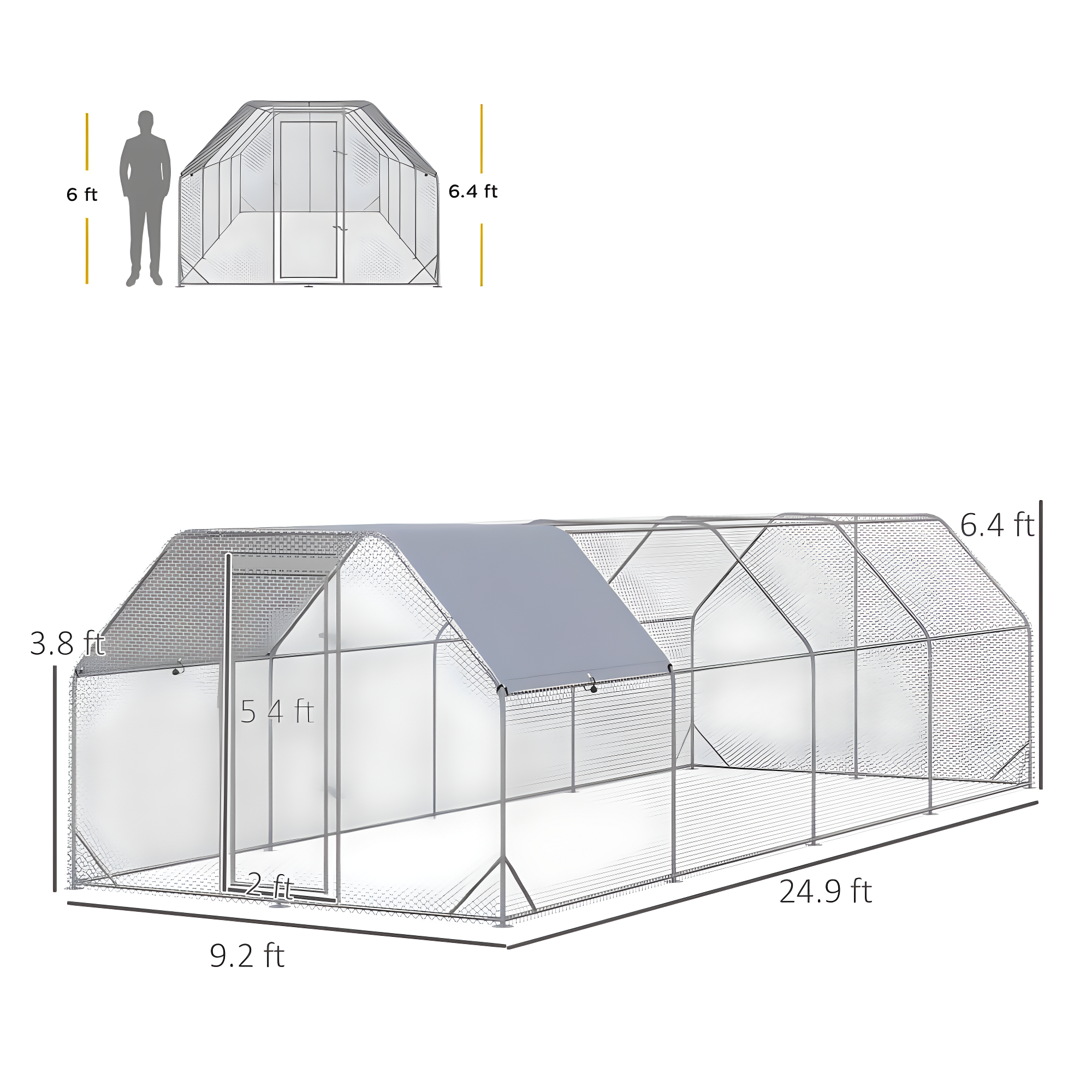 PawHut Metal Chicken Coop Run with Cover, Walk-In Outdoor Pen, Fence Cage Hen House for Yard, 24.9' x 9.2' x 6.4'