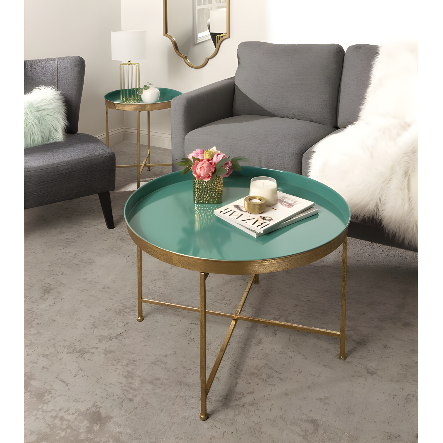 Kate and Laurel Celia Round Metal Coffee Table, 28.25x28.25x19, Teal and Gold