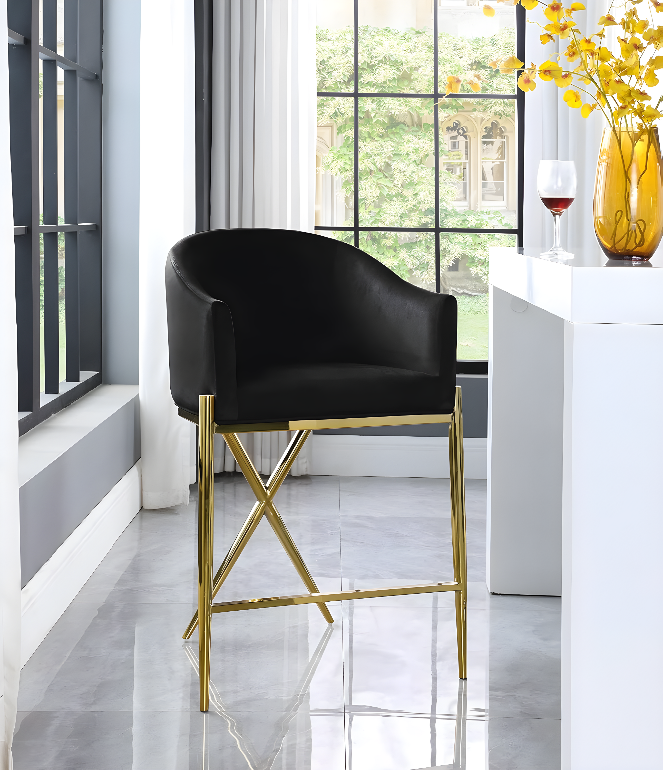 Meridian Furniture Xavier Black Velvet Counter Stool with Gold Metal Legs