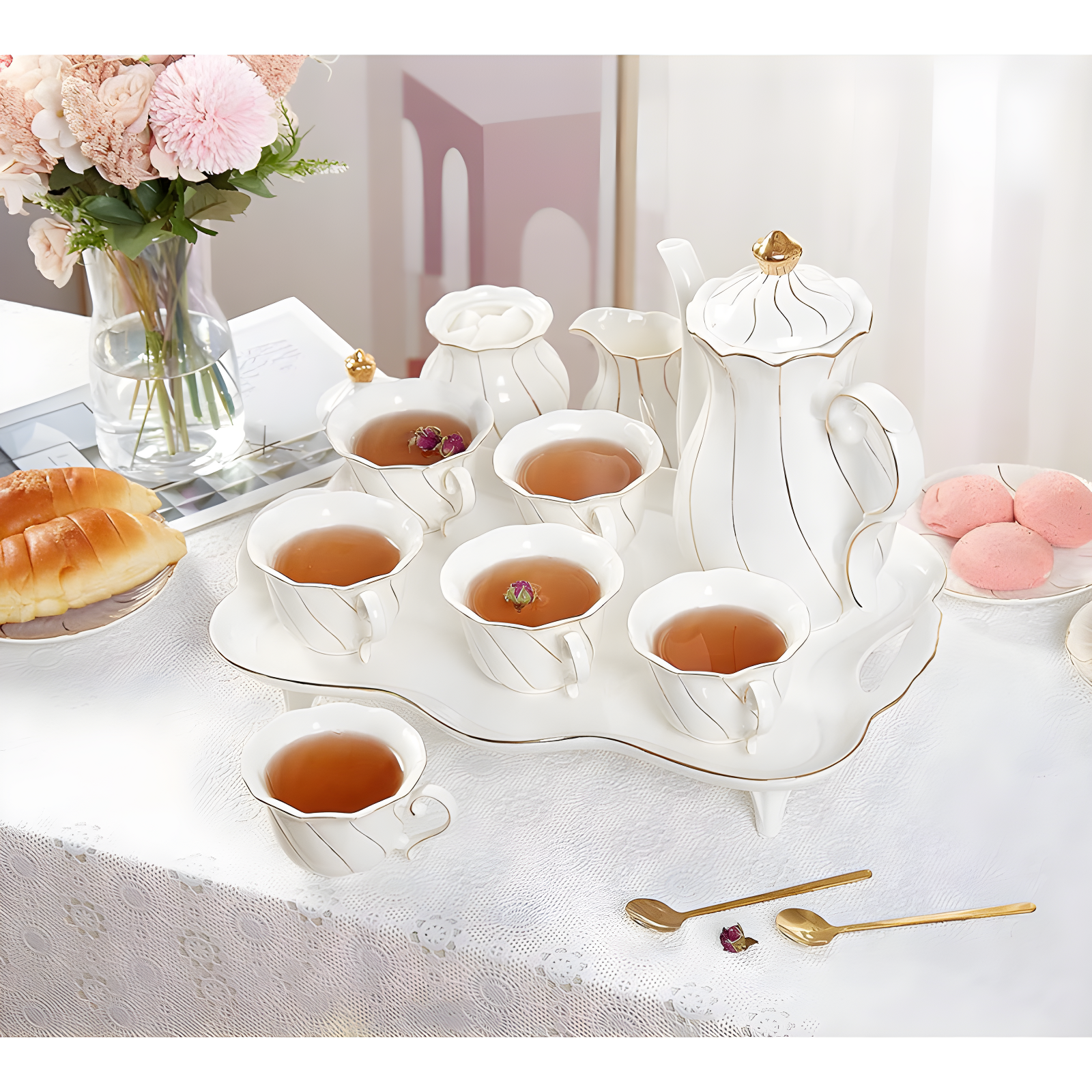 Red Barrel Studio® 14 Pcs Tea Set For 6 With Tea Tray & Spoons, Luxury British Style Tea/Coffee Cup Set With Golden Trim, Beautiful Porcelain Tea Set For Living Room Decor, Tea Party Set, Gift Package - White