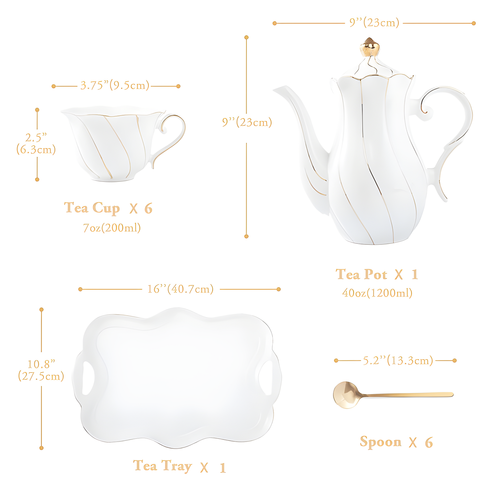 Red Barrel Studio® 14 Pcs Tea Set For 6 With Tea Tray & Spoons, Luxury British Style Tea/Coffee Cup Set With Golden Trim, Beautiful Porcelain Tea Set For Living Room Decor, Tea Party Set, Gift Package - White