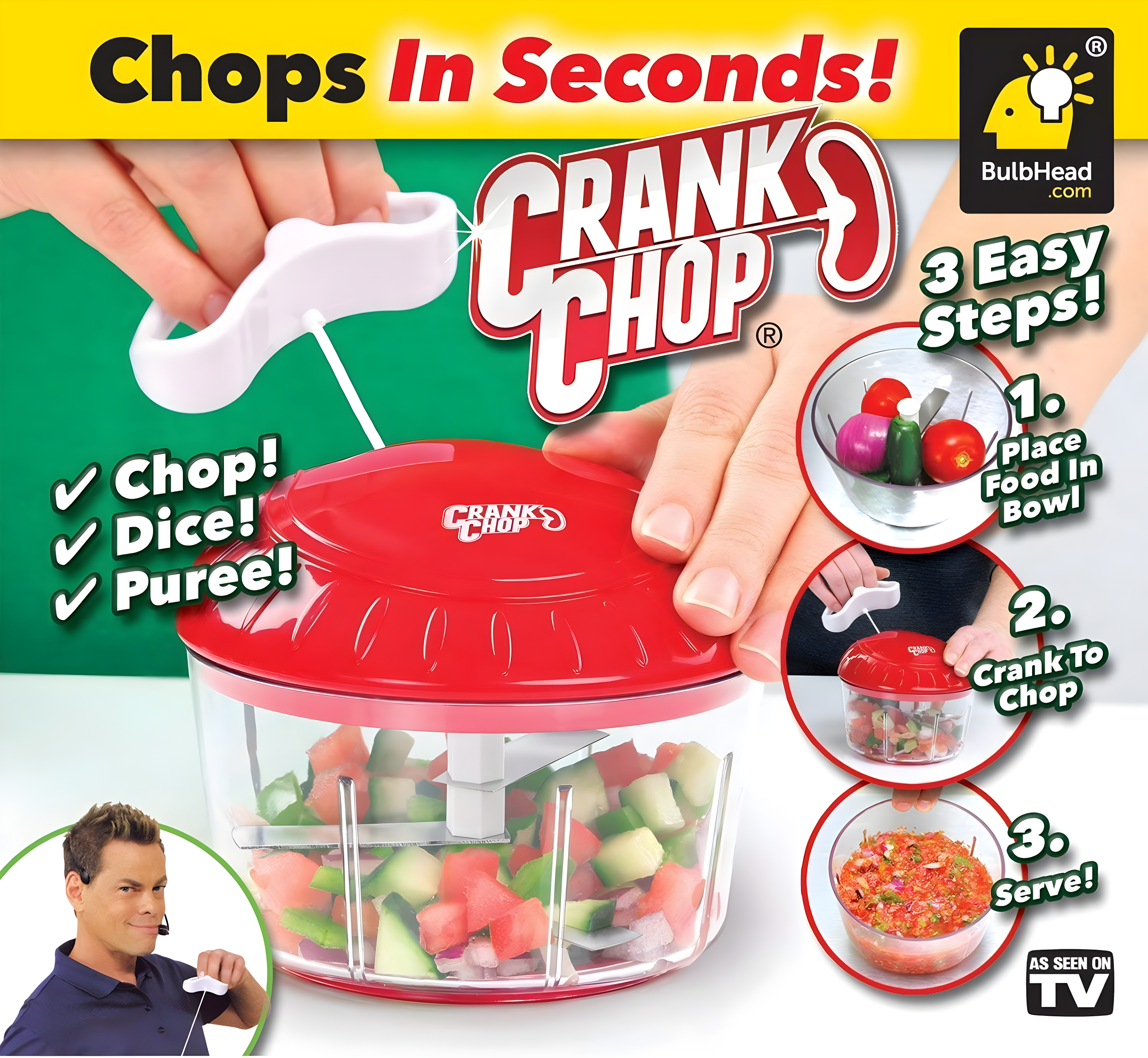 Crank Chop Food Chopper and Processor Original - Chop Dice Puree Vegetables Onions Tomatoes Garlic Meats and Nuts in Just Seconds for Delicious Meals - Perfect for Homemade Salsa