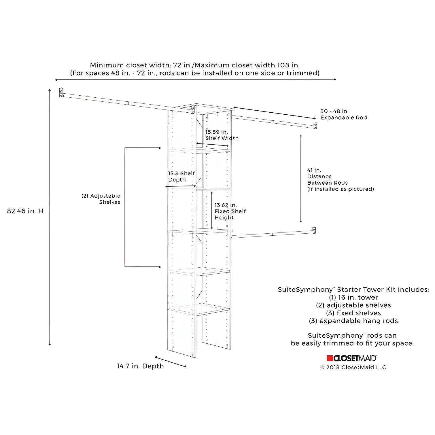 SuiteSymphony 77" to 113" Closet System Starter Kit