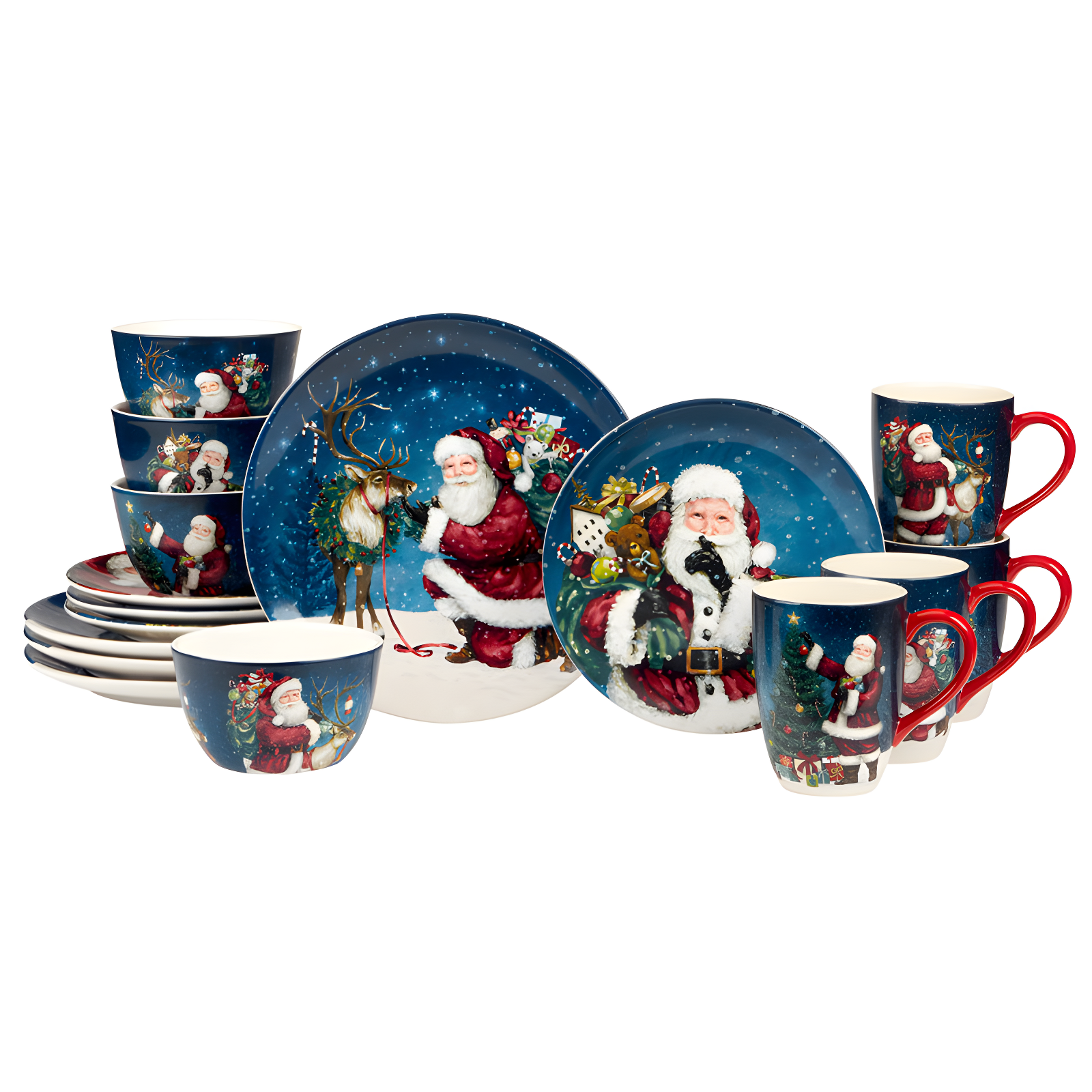 Certified International Santa's Secret 16pc Ceramic Dinnerware Set 4 Dinner 4 Dessert Plates 4 Mugs 4 Ice Cream Bowls (Set of 16)