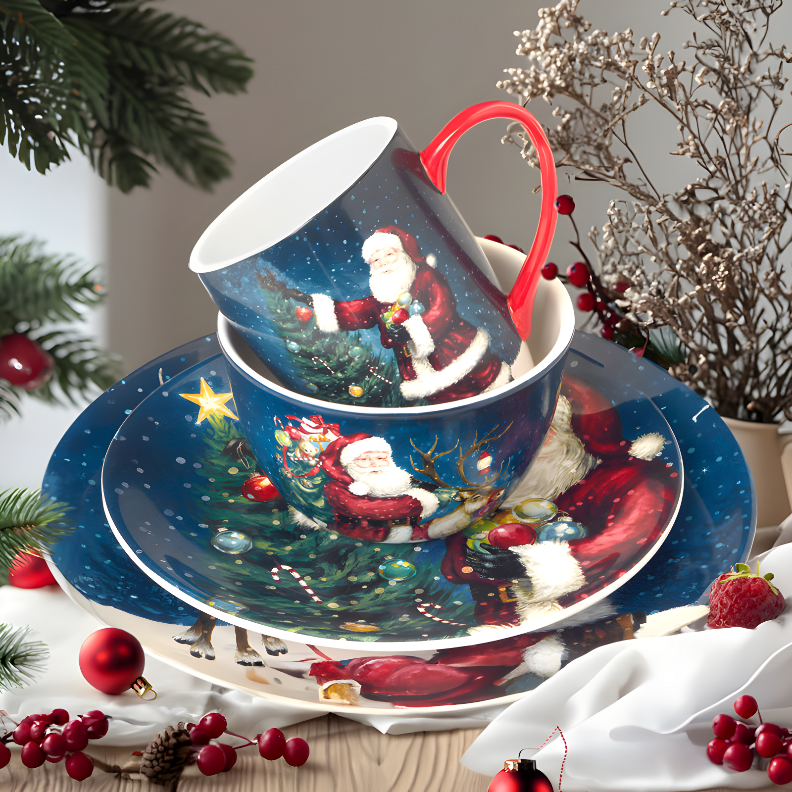 Certified International Santa's Secret 16pc Ceramic Dinnerware Set 4 Dinner 4 Dessert Plates 4 Mugs 4 Ice Cream Bowls (Set of 16)