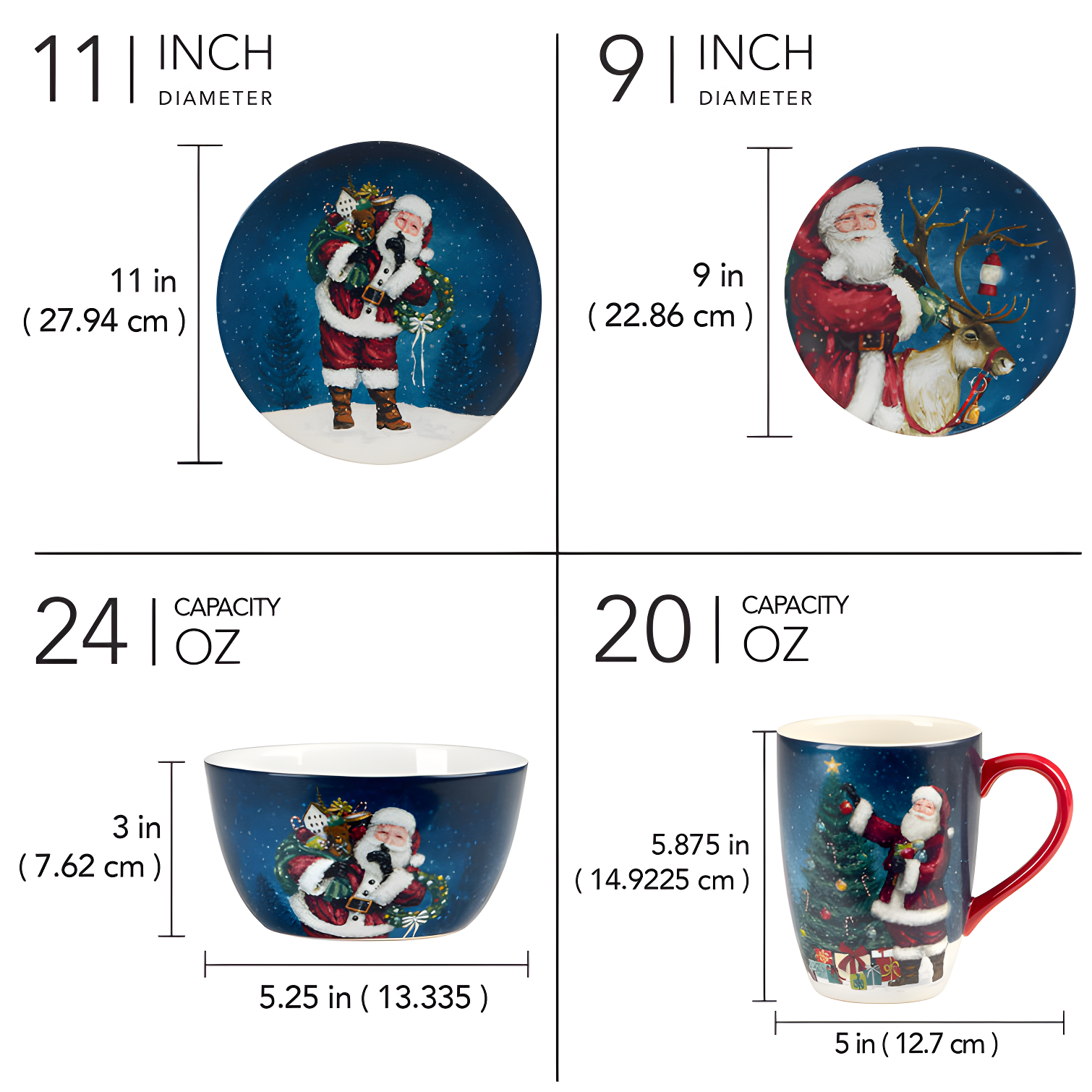 Certified International Santa's Secret 16pc Ceramic Dinnerware Set 4 Dinner 4 Dessert Plates 4 Mugs 4 Ice Cream Bowls (Set of 16)