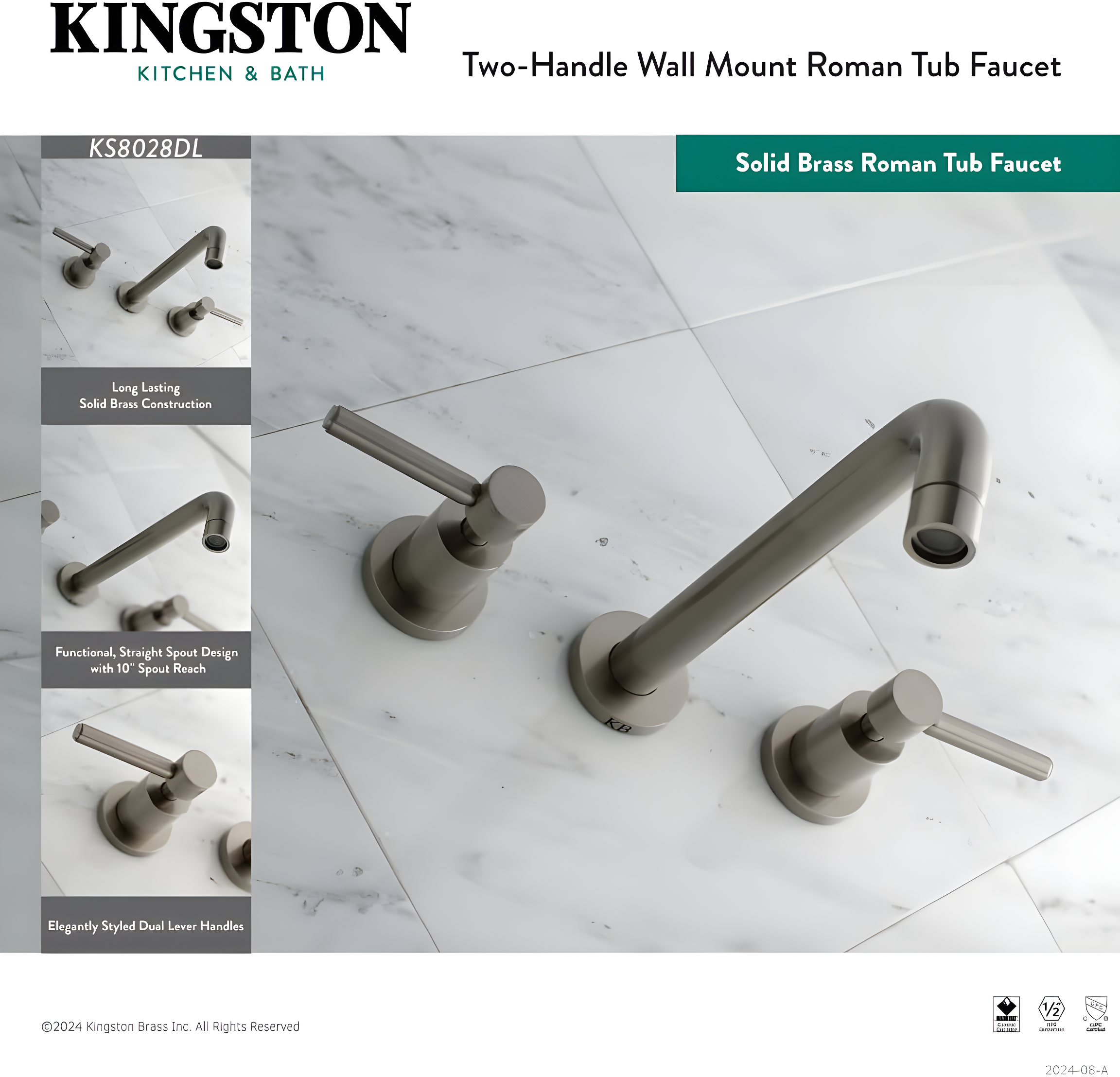 Kingston Brass Concord Two-Handle 3-Hole Wall Mount Roman Tub Faucet