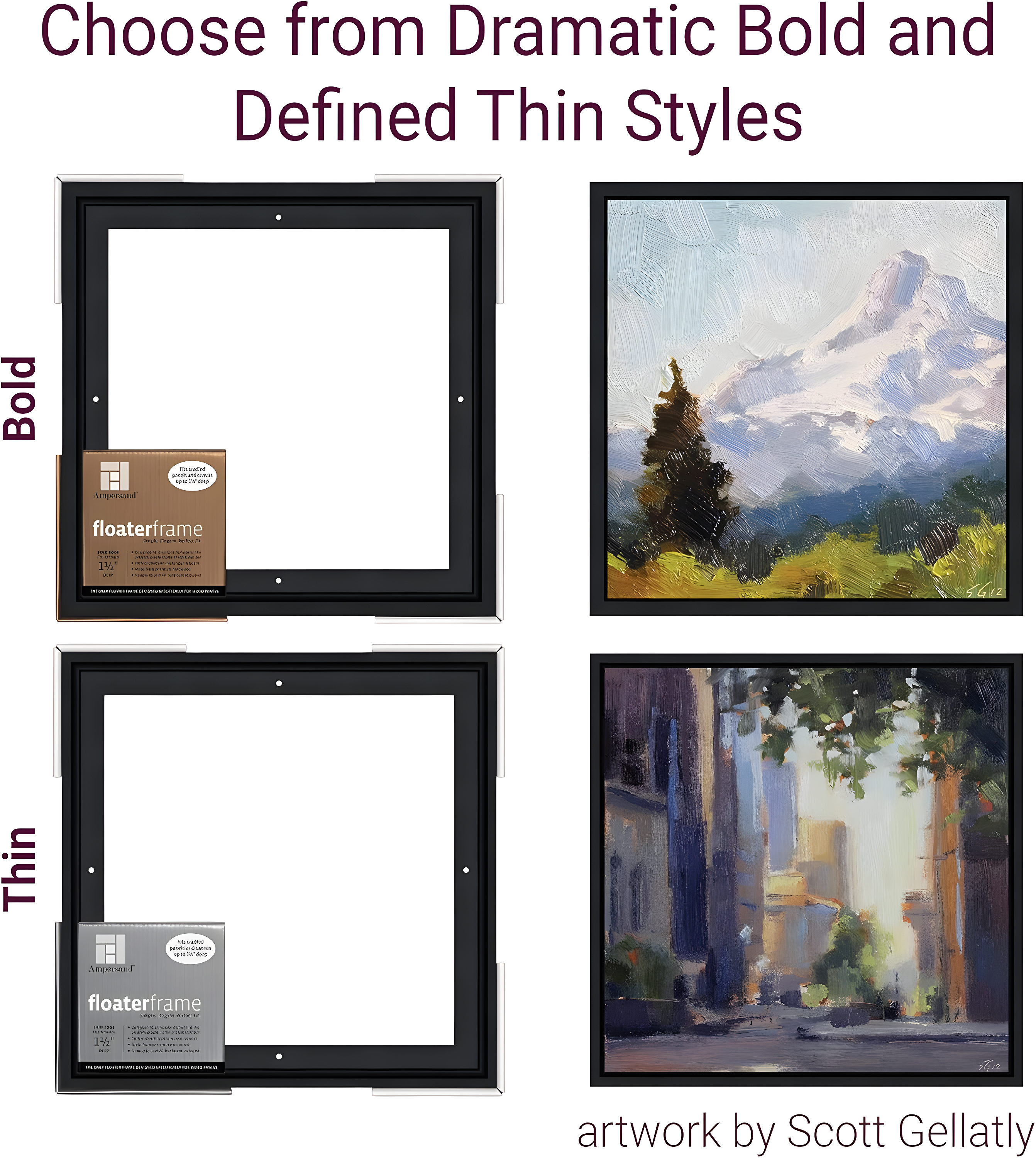Ampersand Art Floaterframes Thin Edge (1/4" Face) 1-7/8" Frame Profile for 1-1/2" Deep Artwork 12" x 12" Black