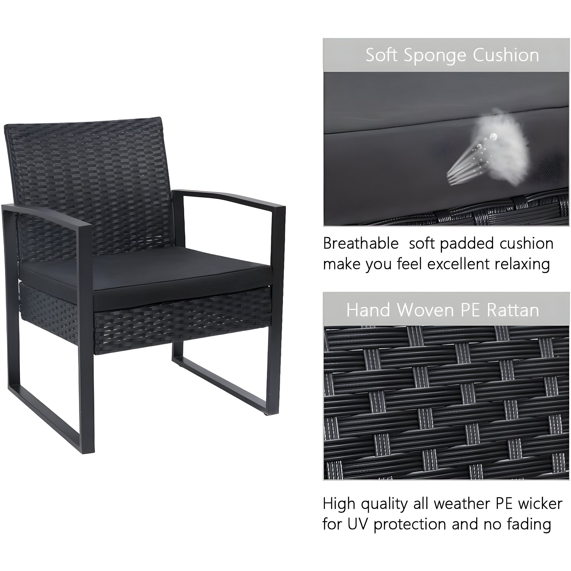 Black Steel and Wicker 3-Piece Patio Bistro Set with Beige Cushions