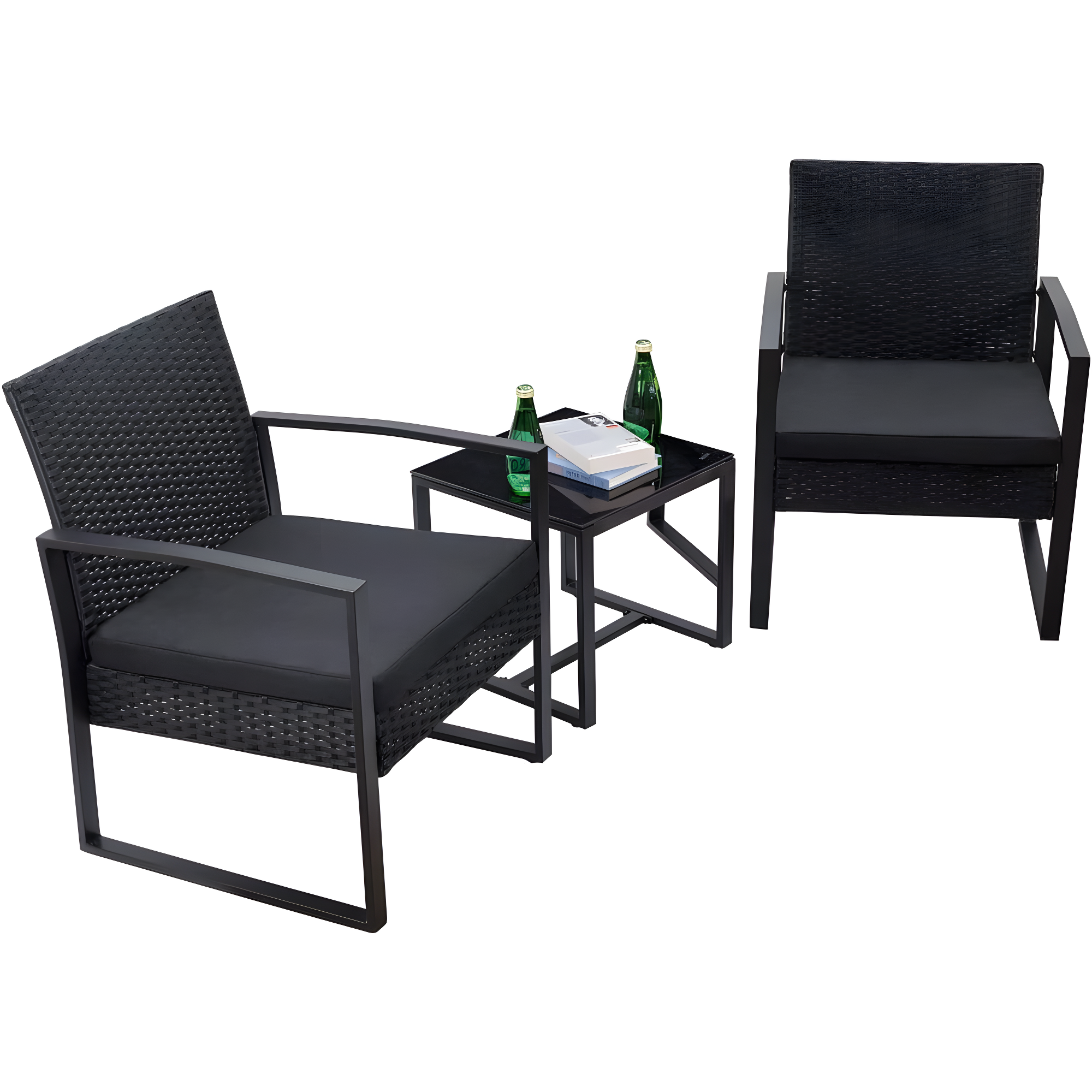 Black Steel and Wicker 3-Piece Patio Bistro Set with Beige Cushions