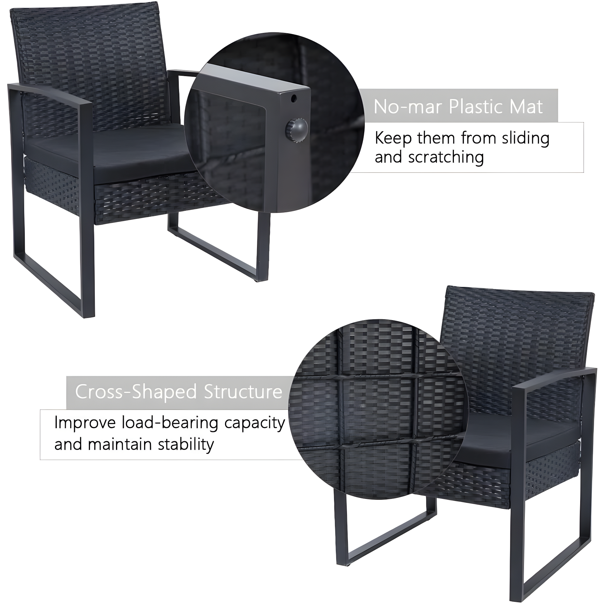 Black Steel and Wicker 3-Piece Patio Bistro Set with Beige Cushions