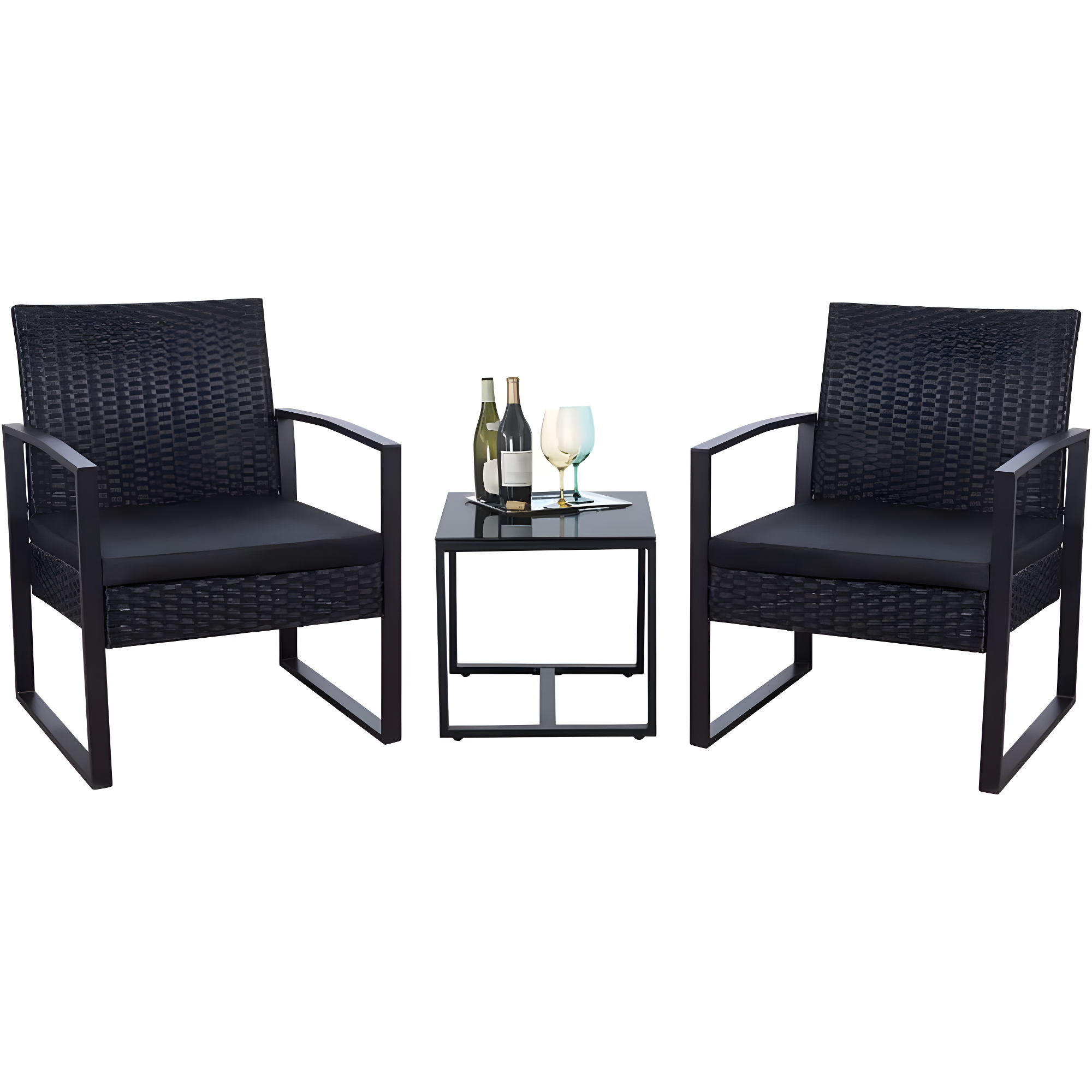 Black Steel and Wicker 3-Piece Patio Bistro Set with Beige Cushions