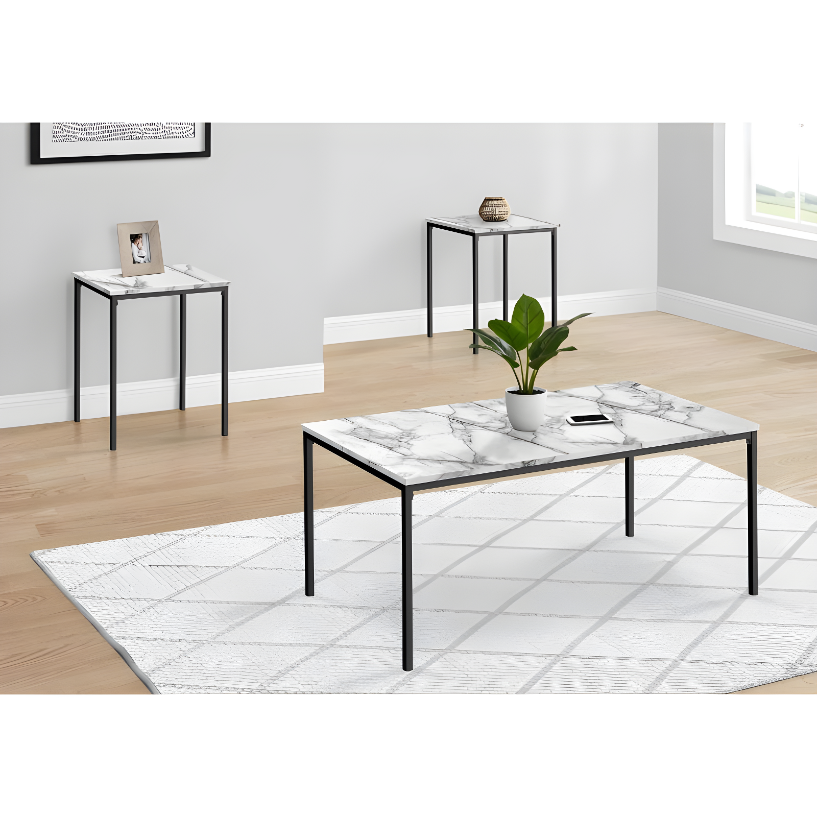 Monarch Specialties Table Set 3pcs Set Coffee End Black Metal White Marble Look Laminate Contemporary Modern