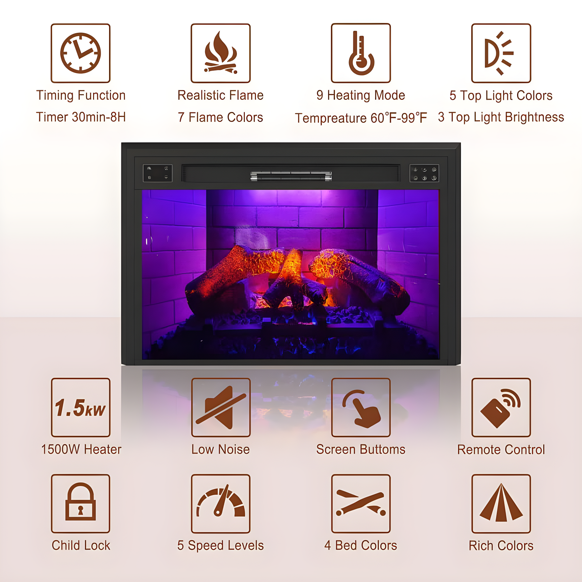 35"W Recessed Multicolor LED Electric Fireplace - 35