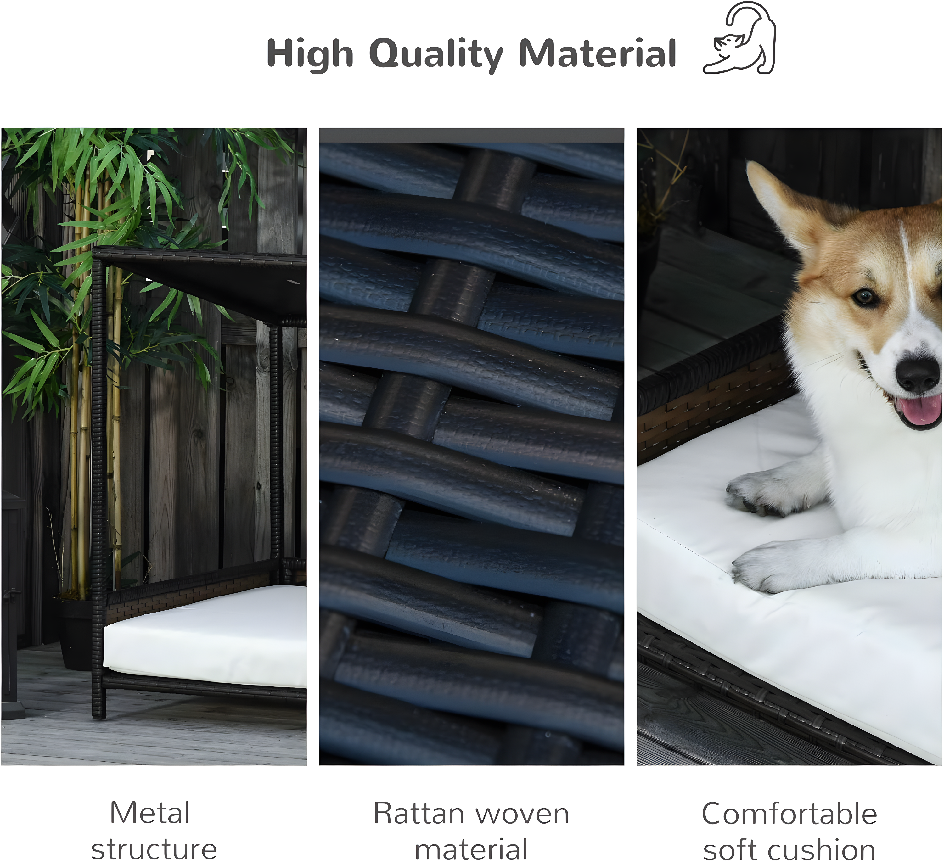 PawHut Wicker Dog House Raised Rattan Puppy Bed Cat Shelter for Indoor Outdoor Garden Patio Pet Sofa with Removable Cushion for Medium Sized Pet Brown