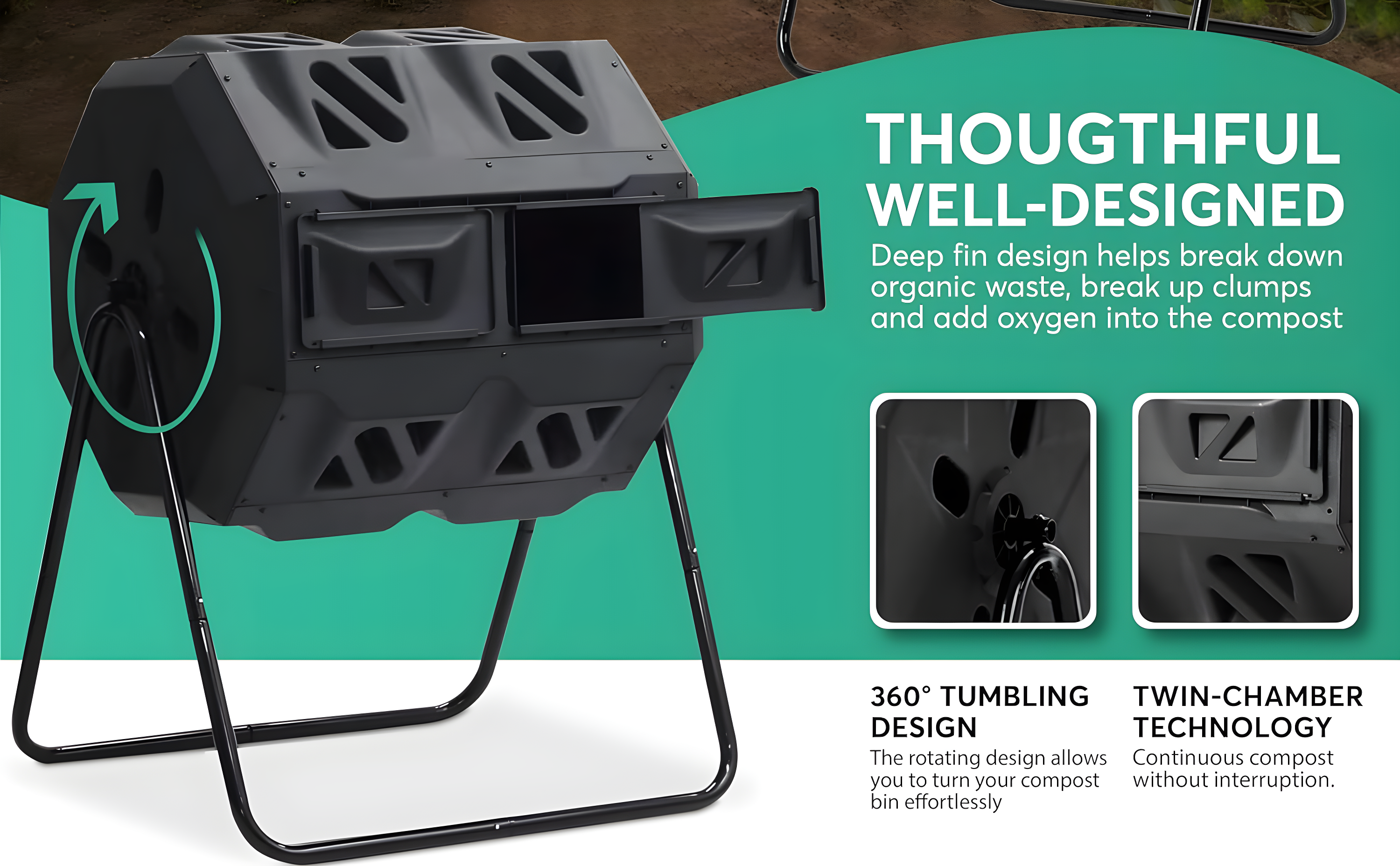 Composter with Stainless Steel Center Tube, 43 Gallon, Dual Chamber