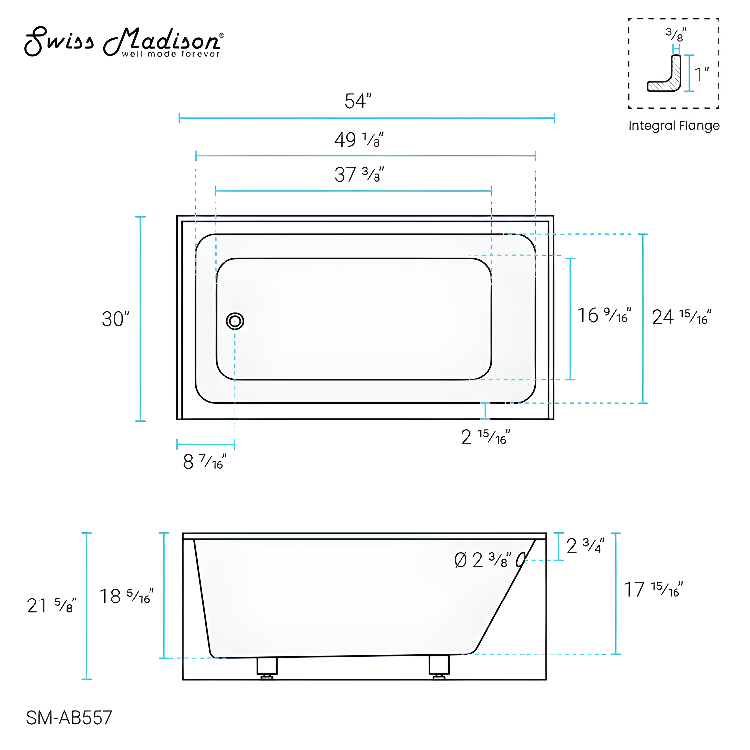 Voltaire 54" x 30" Alcove Bathtub with Apron