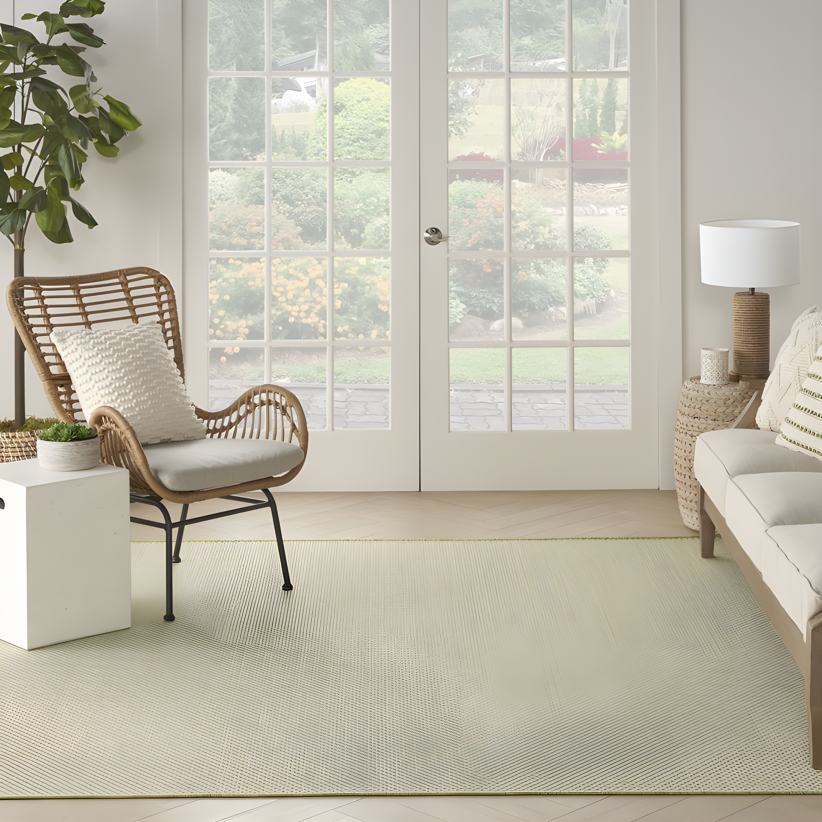Nourison 8' x 8' Courtyard Modern Easy Care Flatweave Indoor Outdoor Square Rug Ivory Green