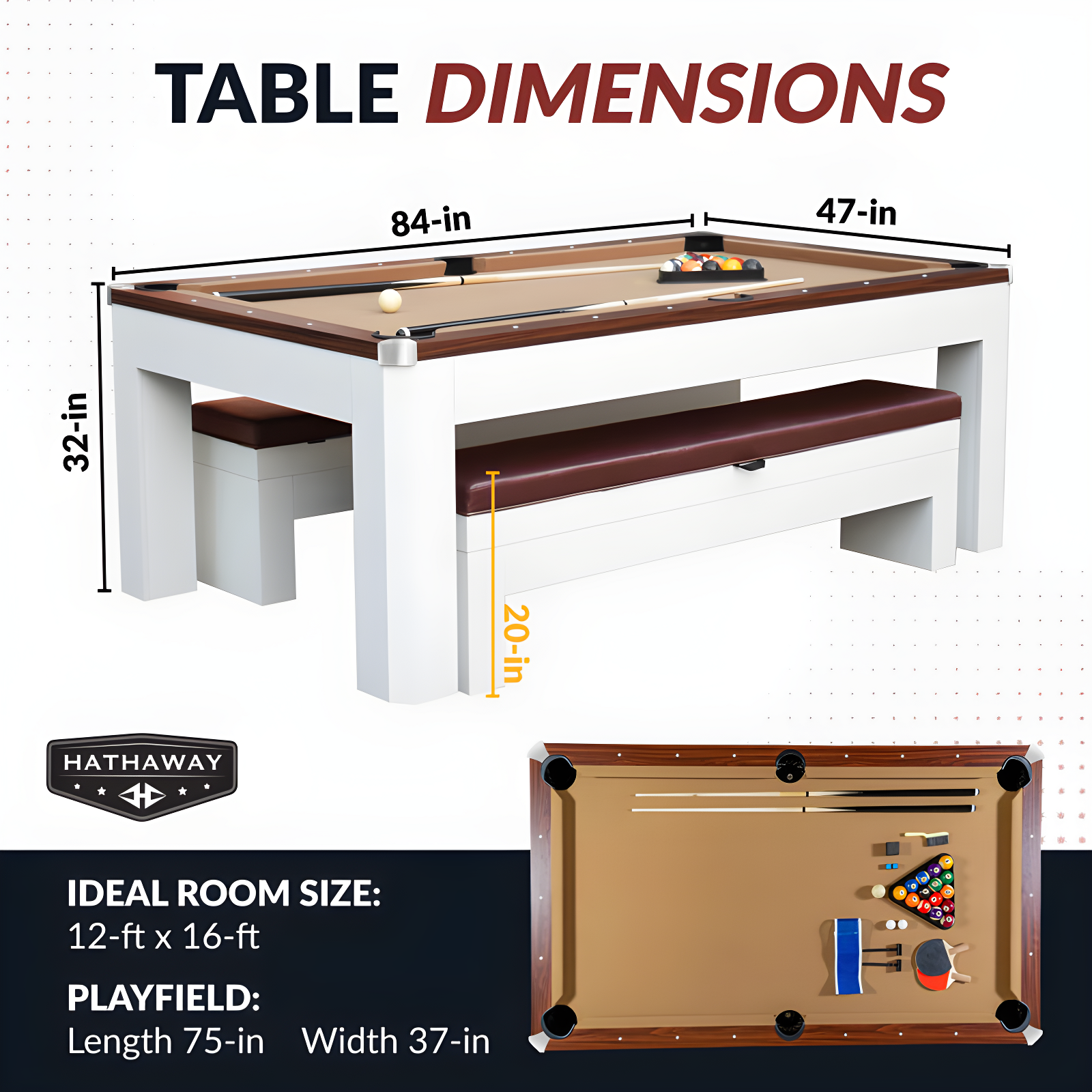 Hathaway Newport Stylish 7 Ft Multi Game Pool Table Combo with Dining Top and Ping Pong – Includes Benches for Home Storage and Accessories
