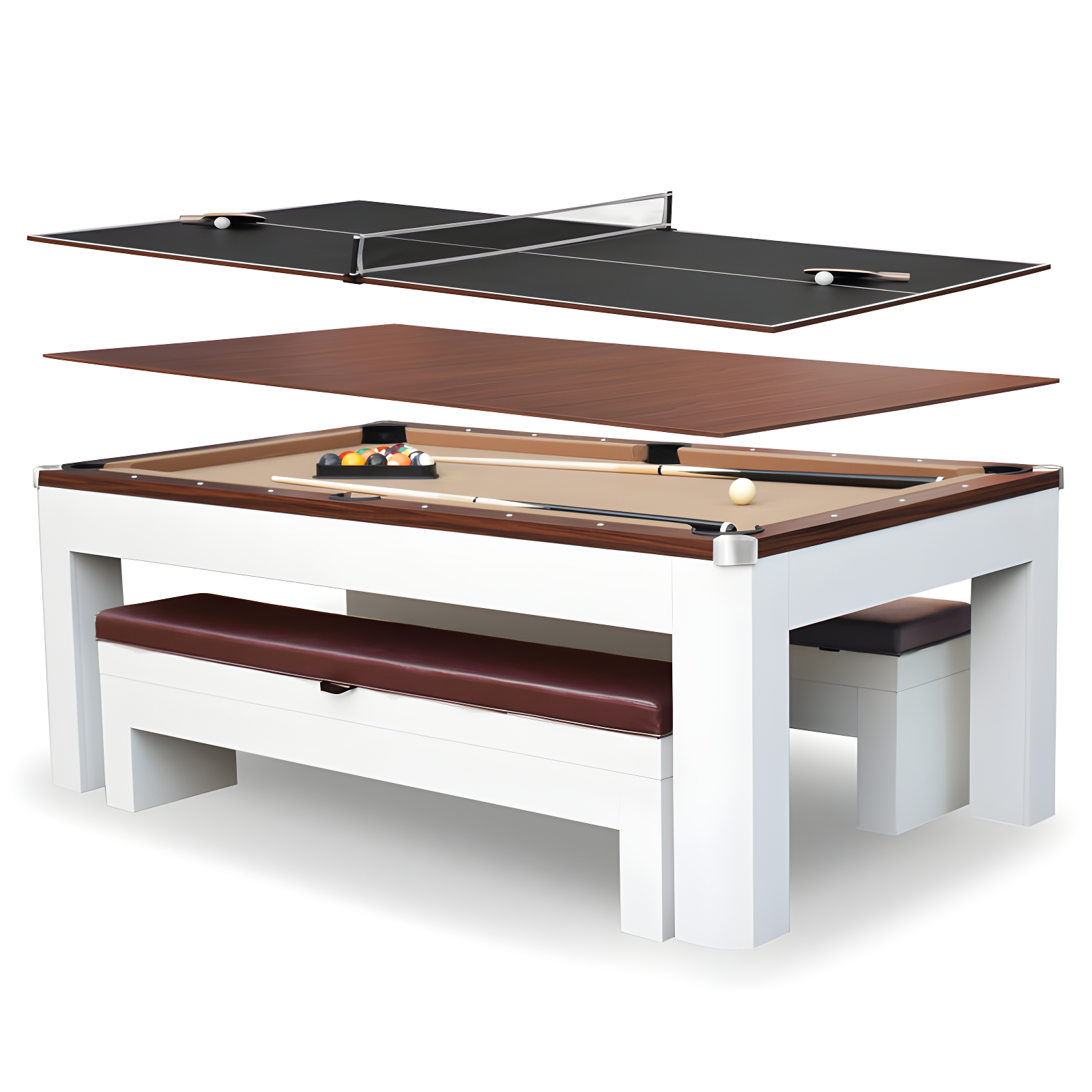 Hathaway Newport Stylish 7 Ft Multi Game Pool Table Combo with Dining Top and Ping Pong – Includes Benches for Home Storage and Accessories