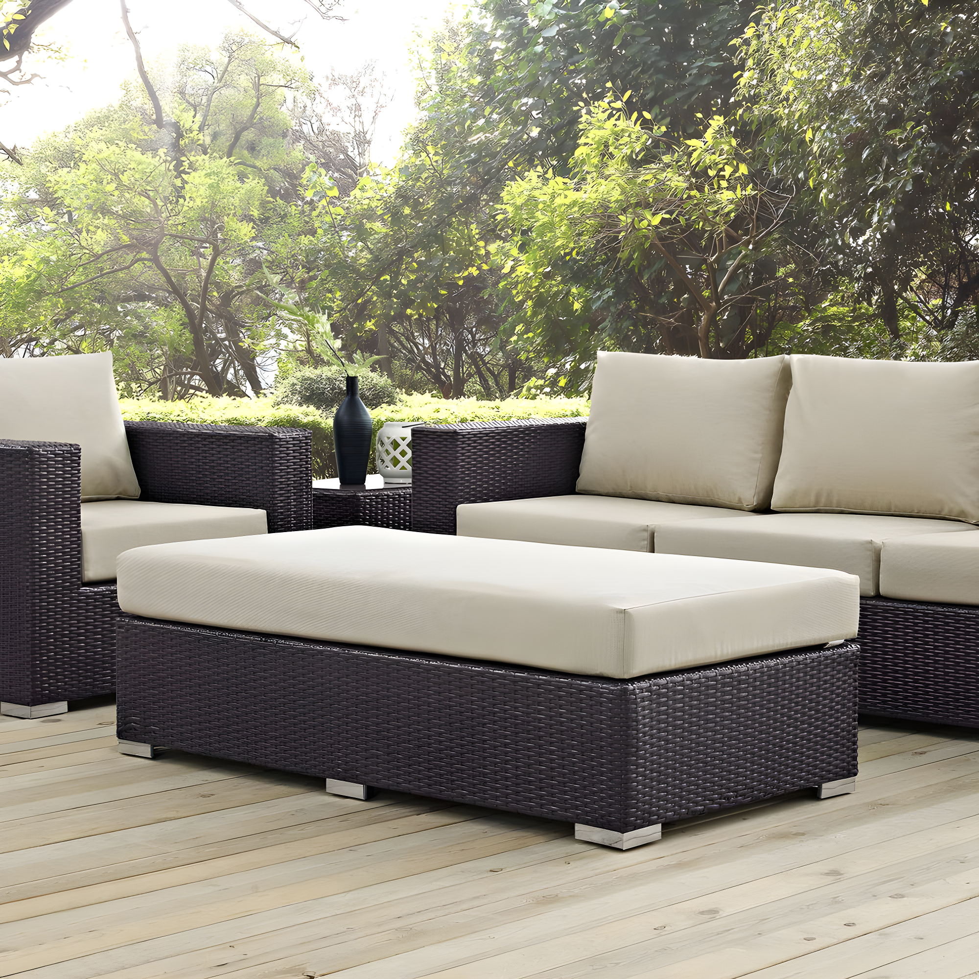 Modway Convene Outdoor Patio Fabric Rectangle Ottoman in Espresso Beige
