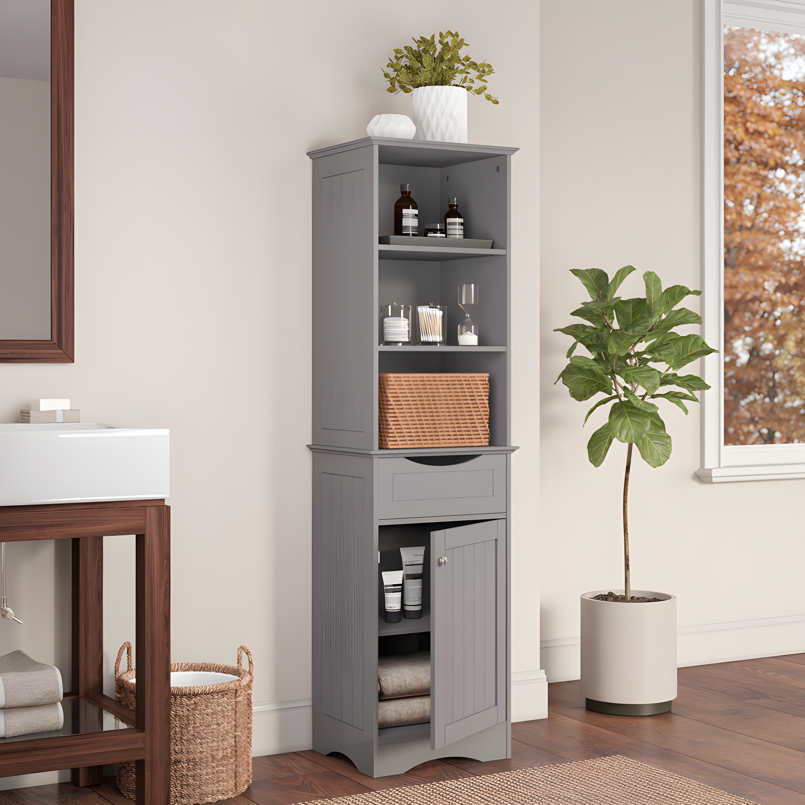 RiverRidge Home RiverRidge Ashland Tall Bathroom Storage Linen Cabinet and Organizer with Drawer and Shelves