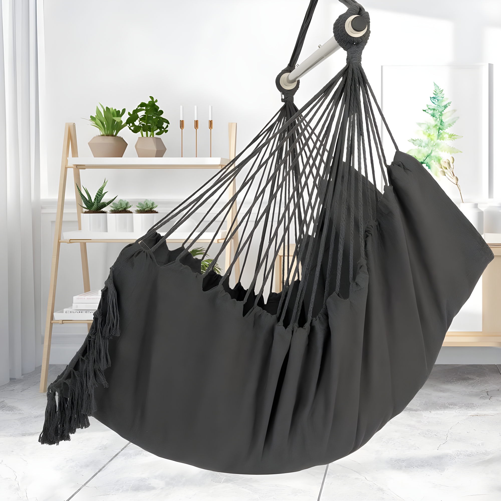Y- STOP Hammock Chair Hanging Rope Swing, Max 500 Lbs, 2 Cushions Included, Large Macrame Hanging Chair with Pocket, Cotton Weave for Superior Comfort, Durability (Dark Grey)