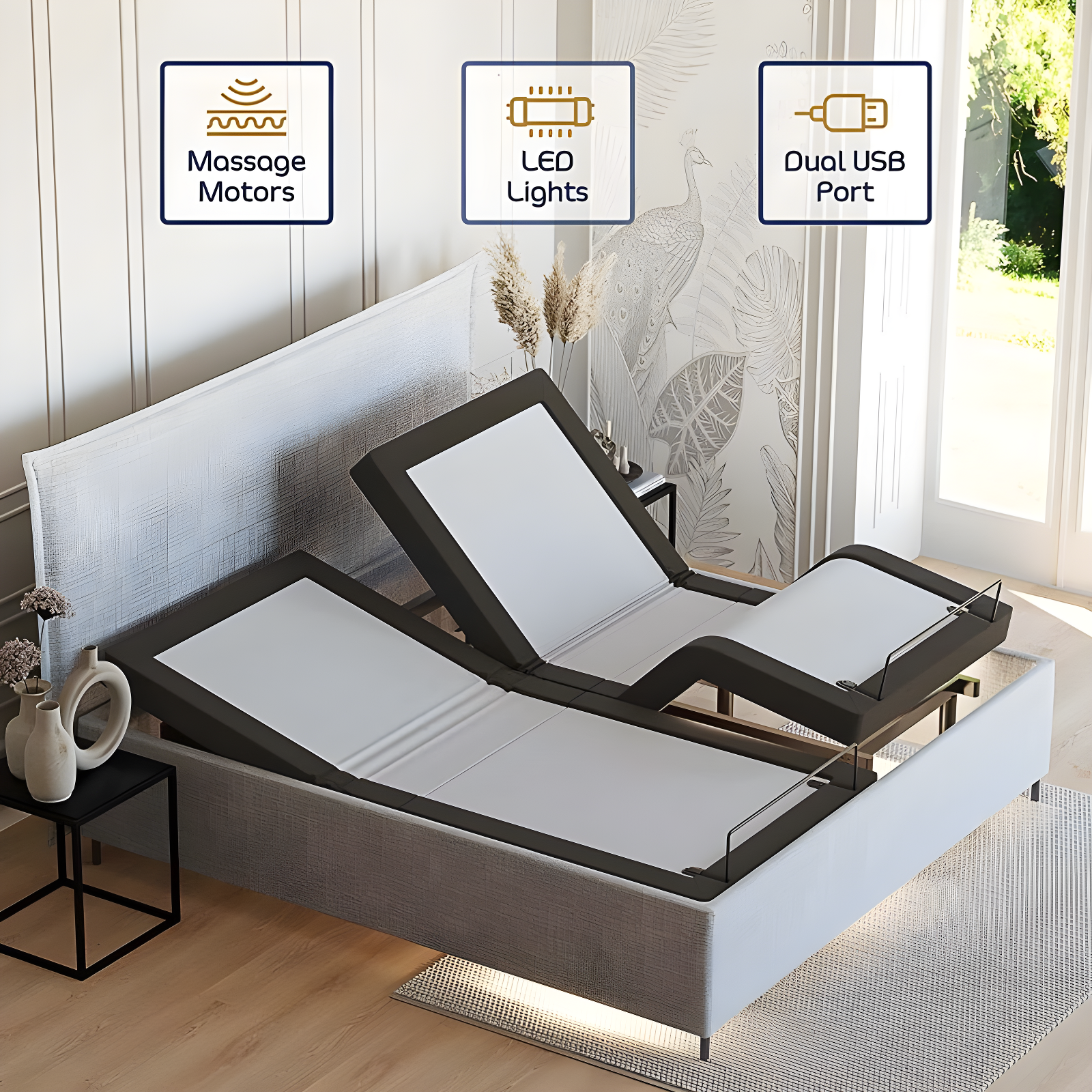 Clara Clark Clara Clark Massaging Zero Gravity, Zero Clearance Adjustable Bed with Wireless Remote, USB Ports & LED Lights