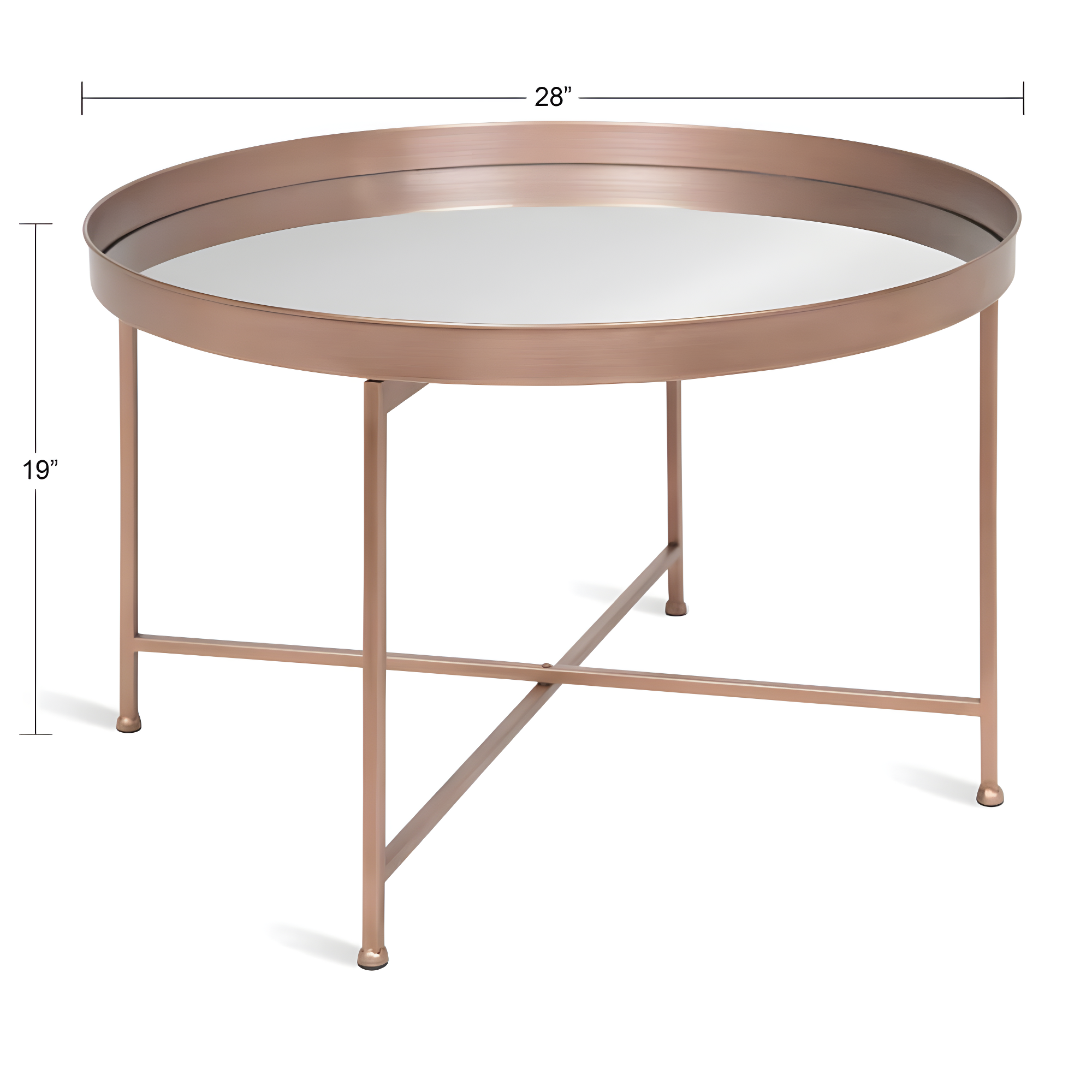 Kate and Laurel Celia Round Metal Foldable Coffee Table with Mirrored Tray Top, Rose Gold