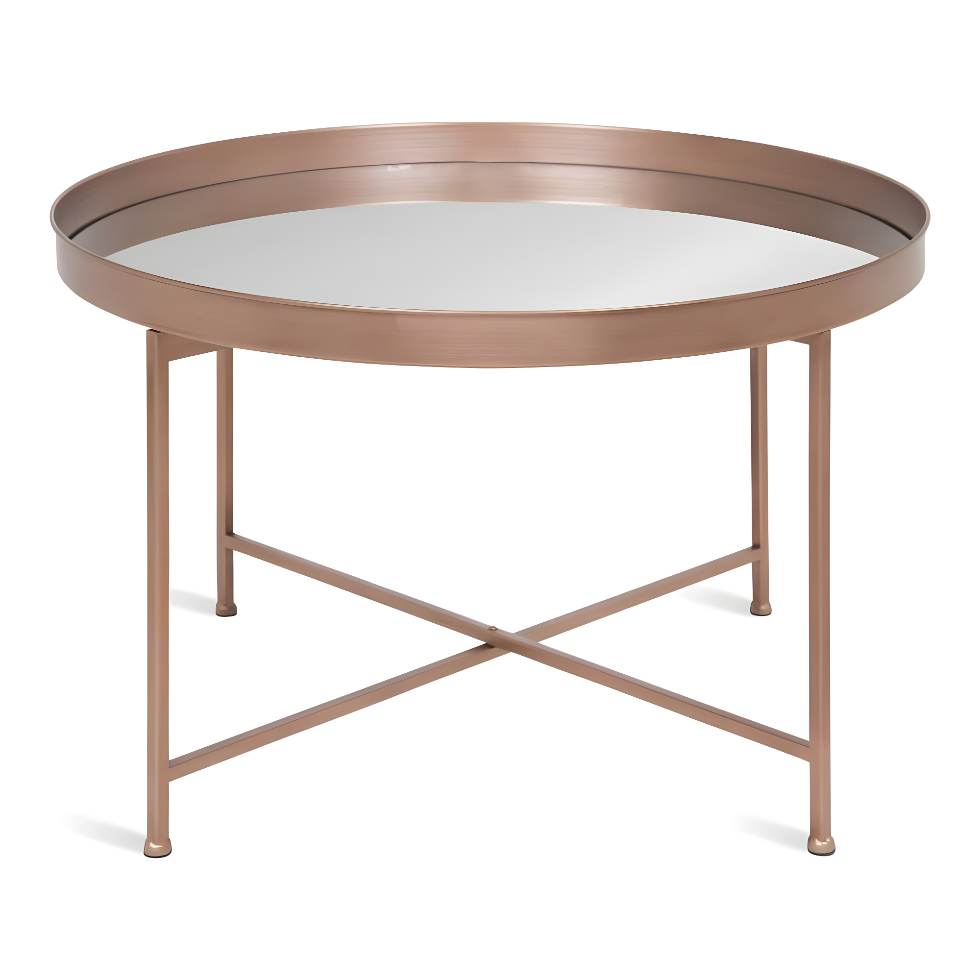 Kate and Laurel Celia Round Metal Foldable Coffee Table with Mirrored Tray Top, Rose Gold