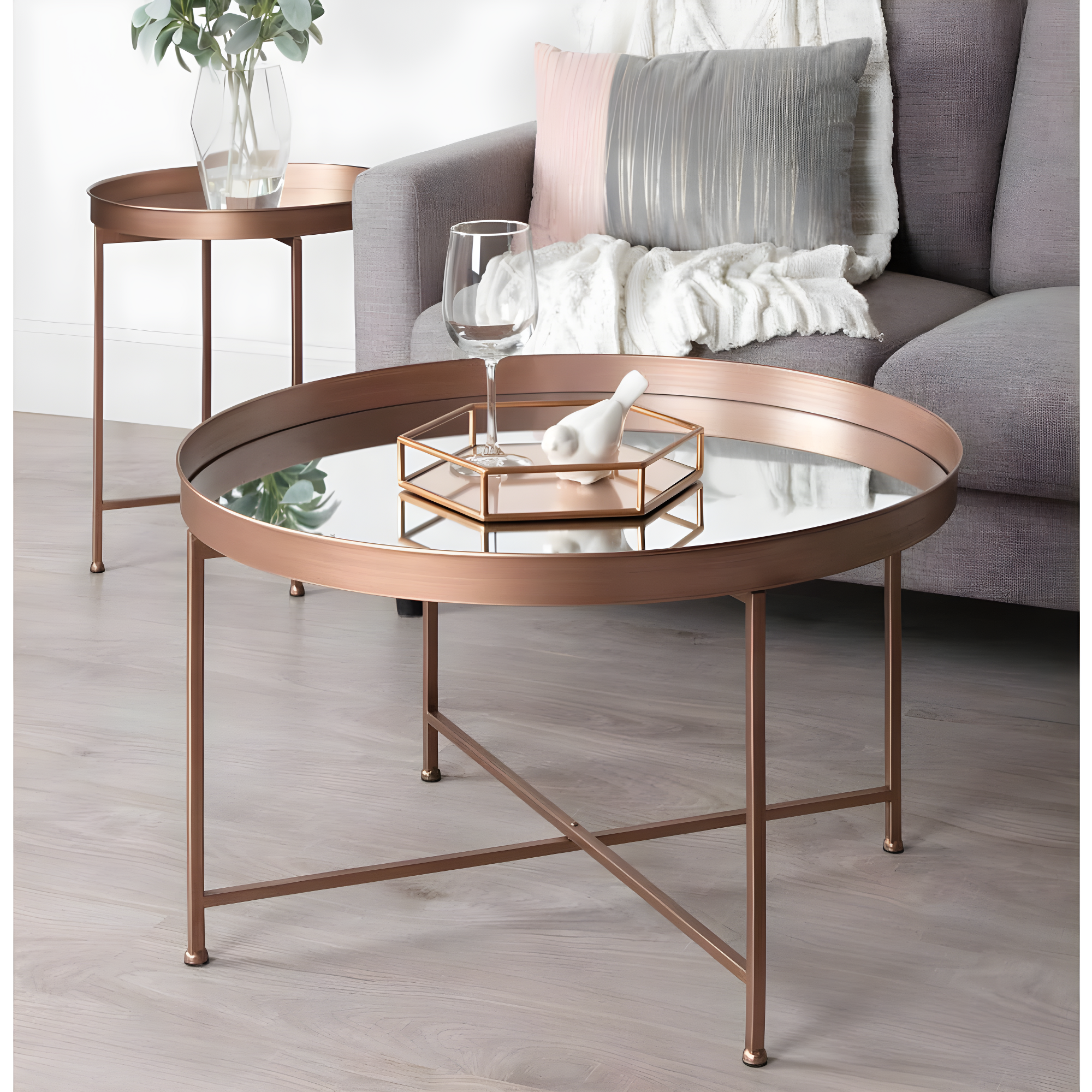 Kate and Laurel Celia Round Metal Foldable Coffee Table with Mirrored Tray Top, Rose Gold