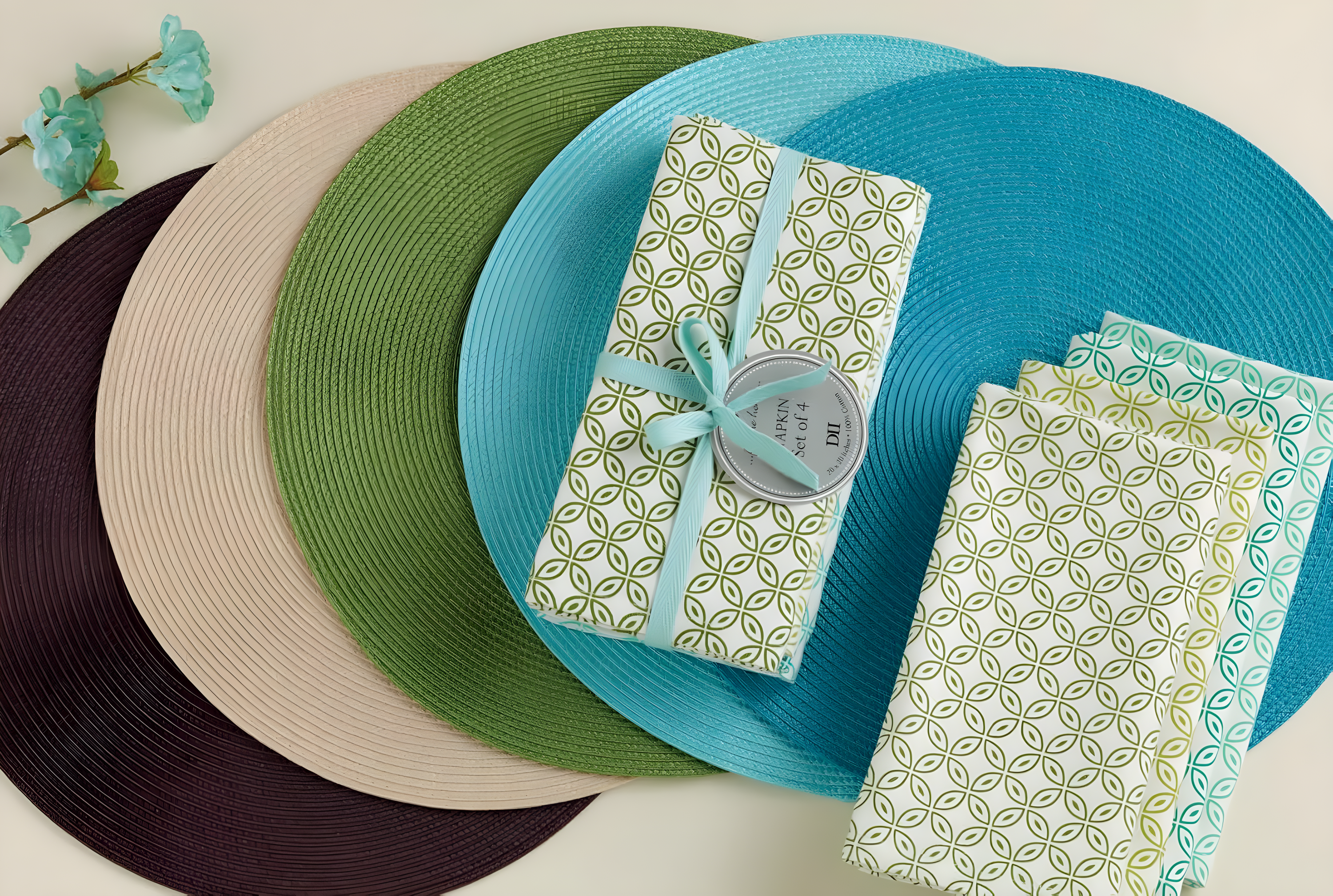 Aqua Woven Round Placemats Set of 6, 14.75"