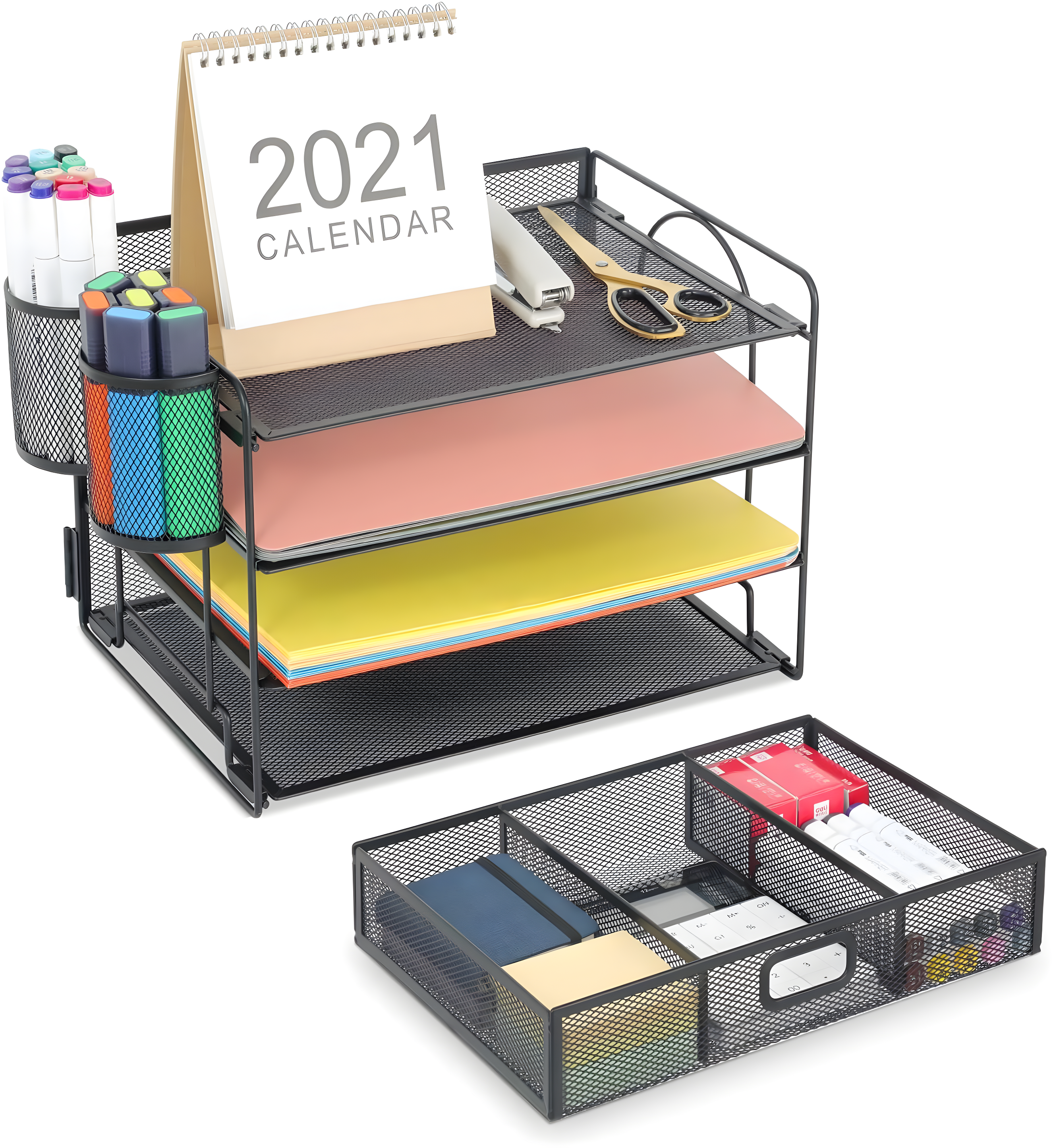 Marbrasse 4-Trays Desktop File Organizer with Pen Holder,Paper Letter Tray with Drawer and 2 Pen Holder
