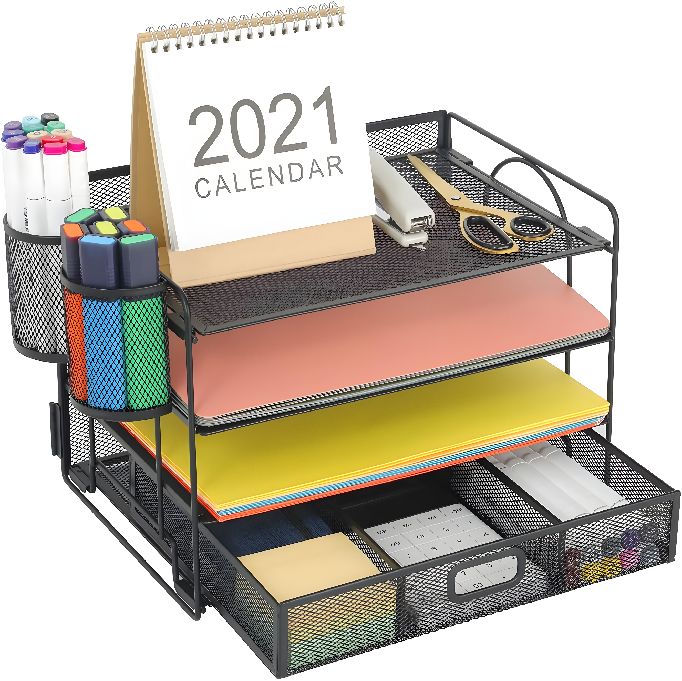 Marbrasse 4-Trays Desktop File Organizer with Pen Holder,Paper Letter Tray with Drawer and 2 Pen Holder