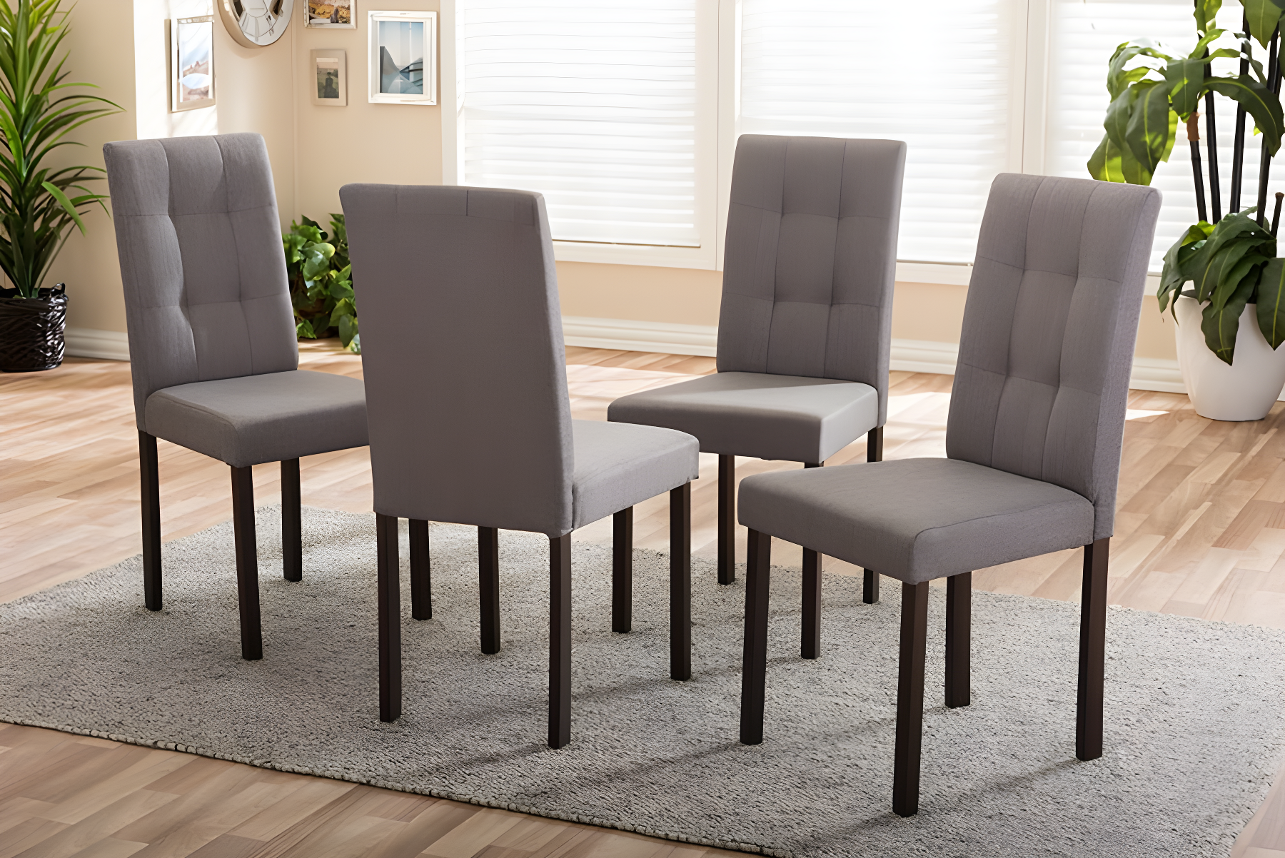 Set of 4 Andrew Modern & Contemporary Fabric Upholstered Grid-tufting Dining Chairs Gray - Baxton Studio: Chic Design, Polyester, Rubberwood Legs